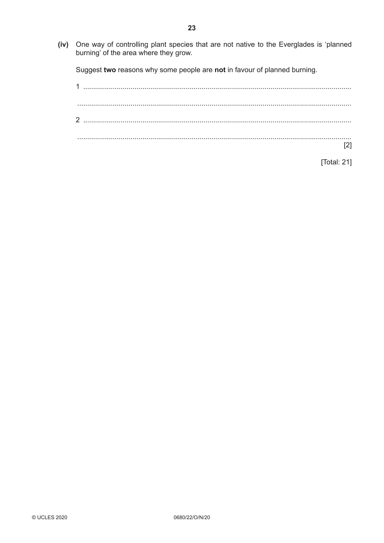 Cambridge IGCSE Environmental Management 0680 2020 Oct/Nov Paper 2 · Variant 2 question paper, page 23 of 24