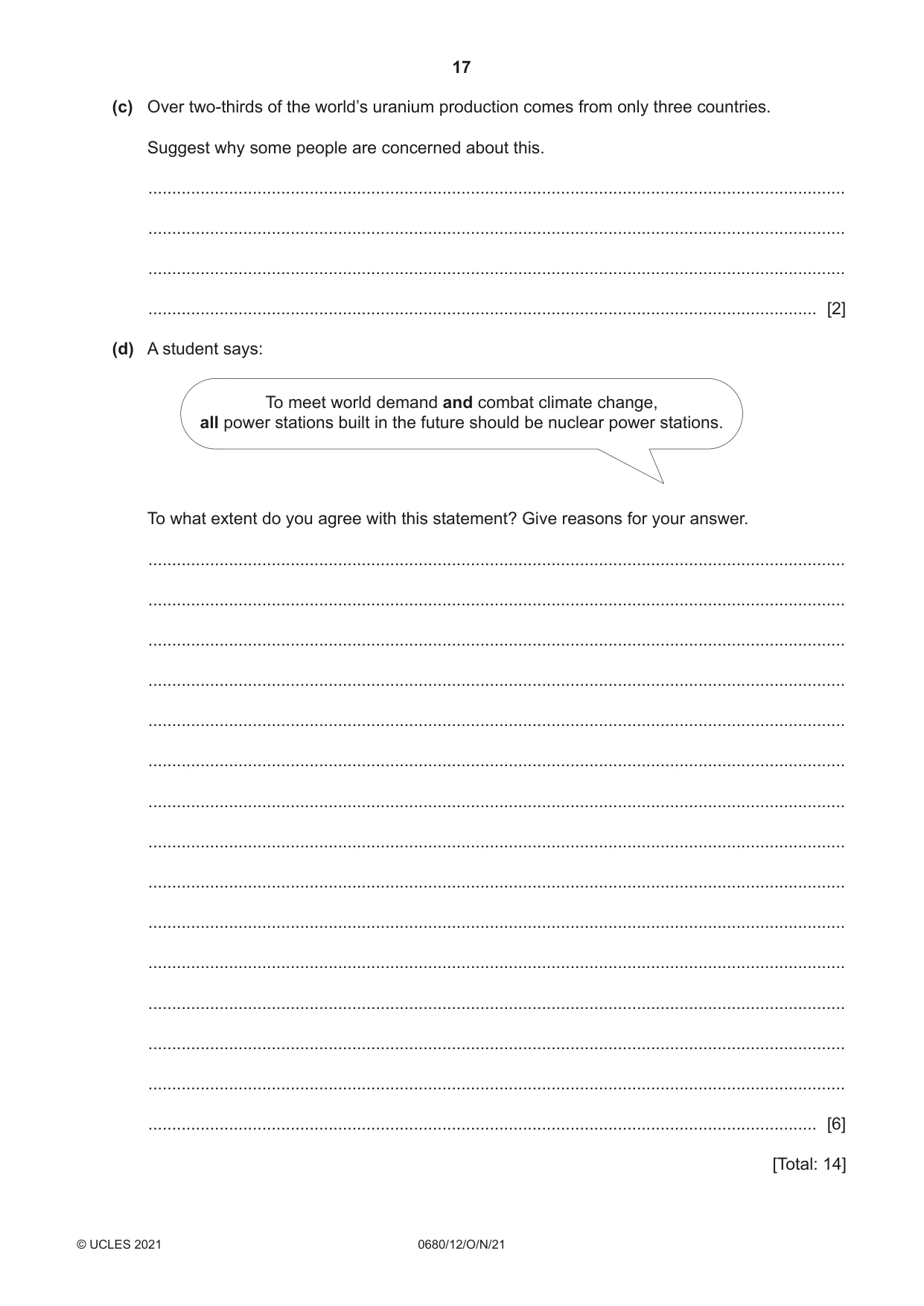 Cambridge IGCSE Environmental Management 0680 2021 Oct/Nov Paper 1 · Variant 2 question paper, page 17 of 20