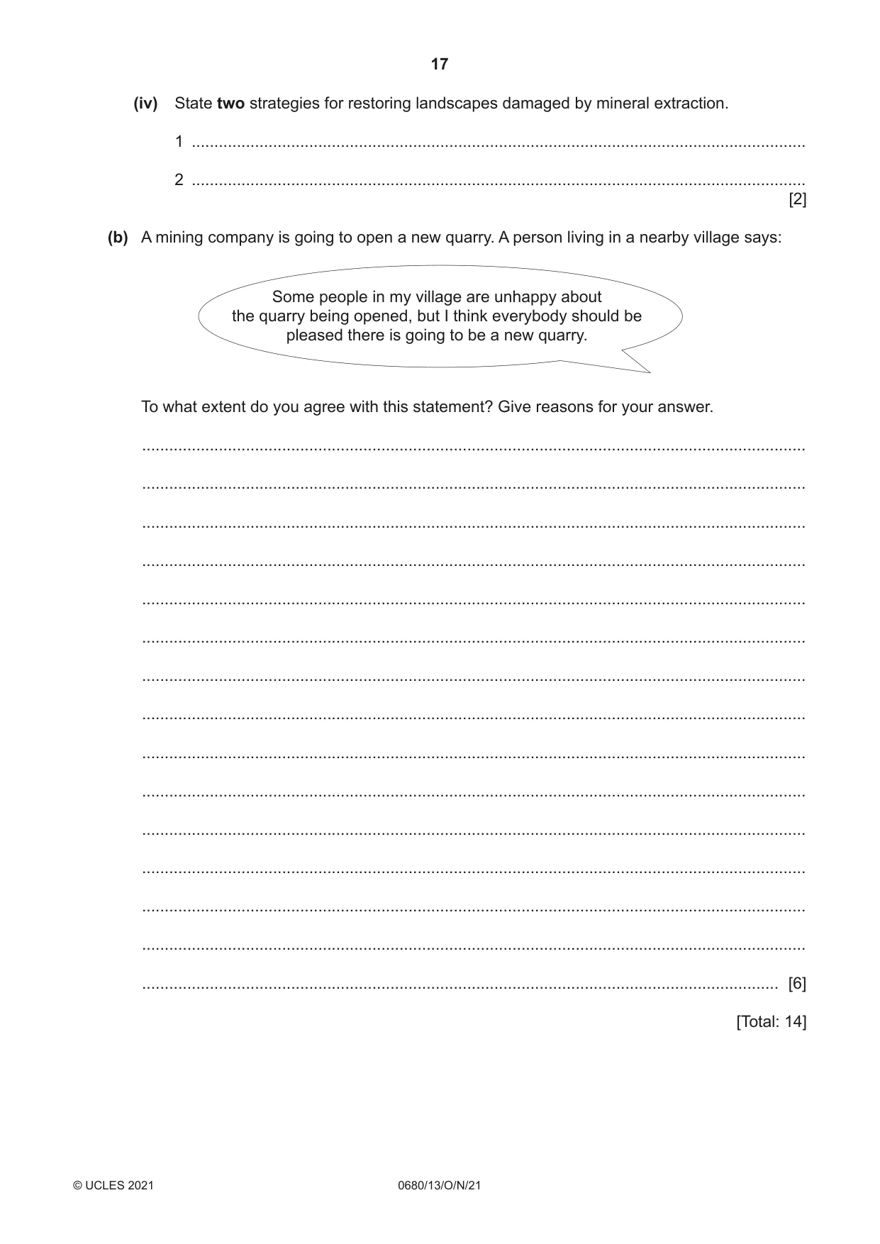 Cambridge IGCSE Environmental Management 0680 2021 Oct/Nov Paper 1 · Variant 3 question paper, page 17 of 20