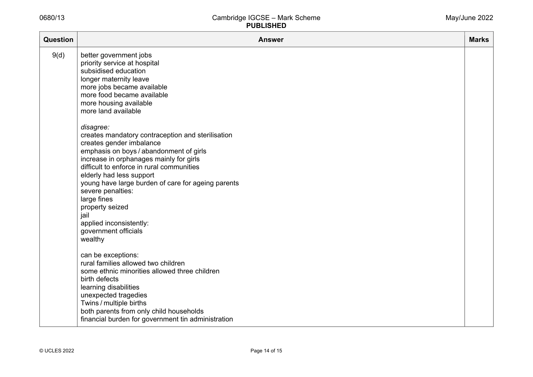 Mark scheme, page 14 of 15