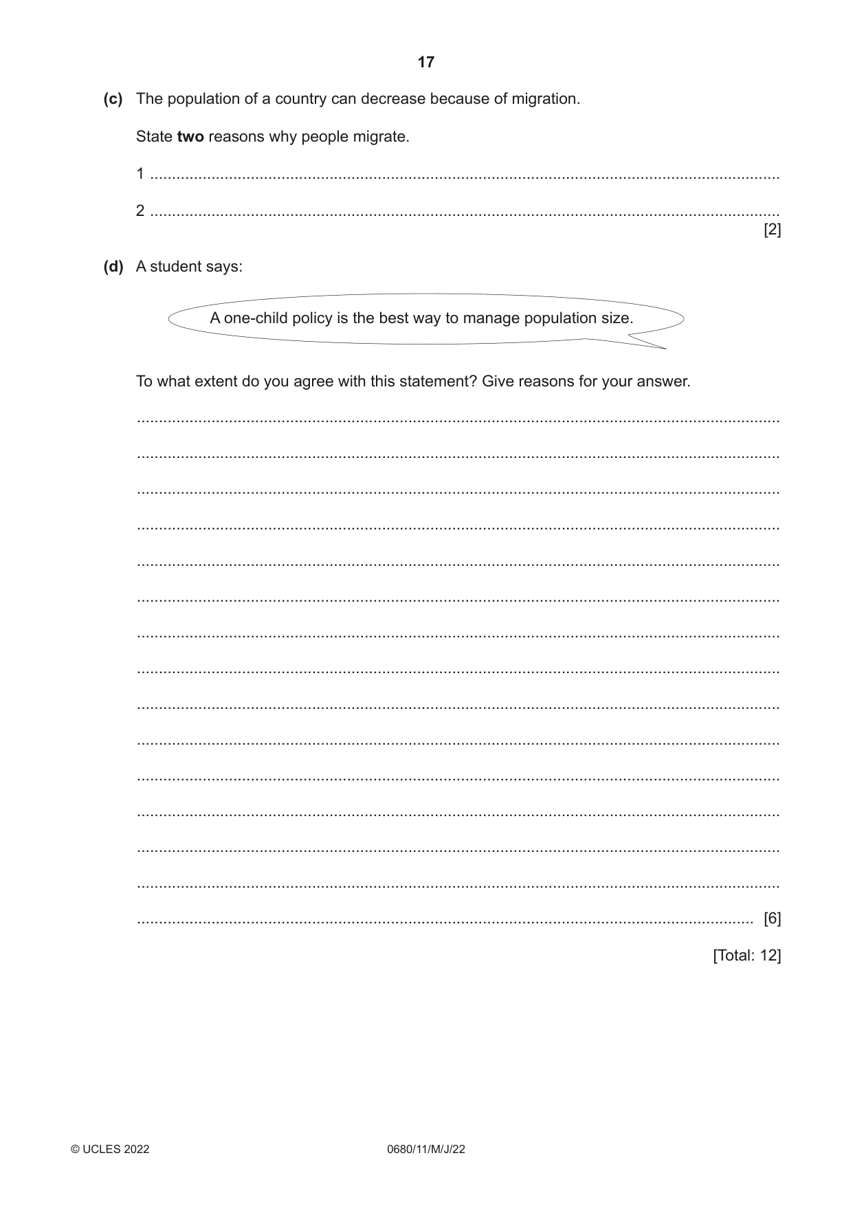 Cambridge IGCSE Environmental Management 0680 2022 May/June Paper 1 · Variant 1 question paper, page 17 of 20