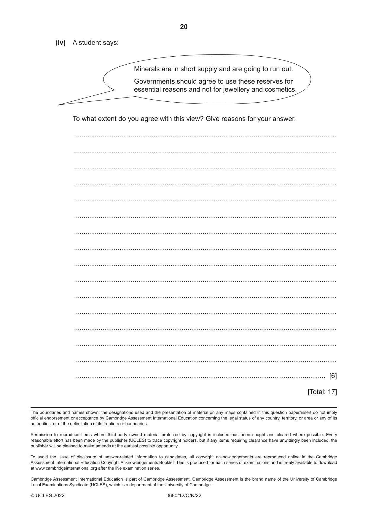 Cambridge IGCSE Environmental Management 0680 2022 Oct/Nov Paper 1 · Variant 2 question paper, page 20 of 20