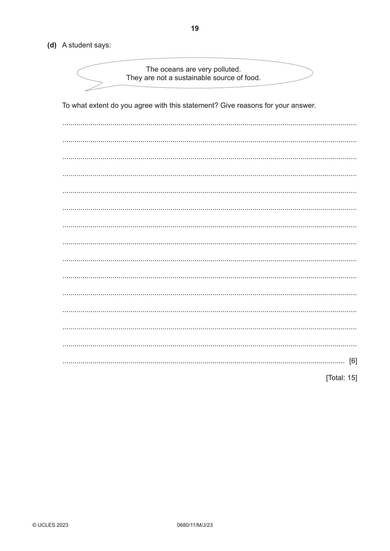 Cambridge IGCSE Environmental Management 0680 2023 May/June Paper 1 · Variant 1 question paper, page 19 of 20