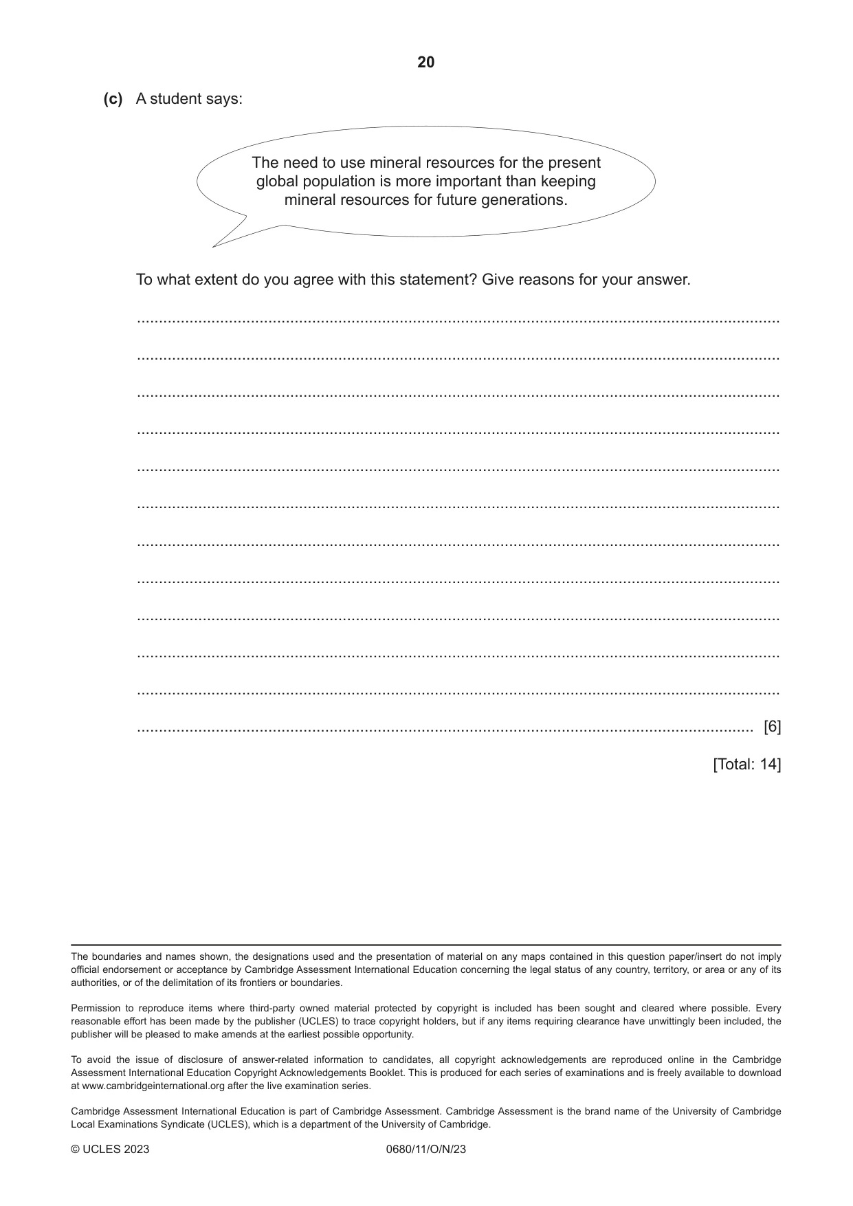 Cambridge IGCSE Environmental Management 0680 2023 Oct/Nov Paper 1 · Variant 1 question paper, page 20 of 20