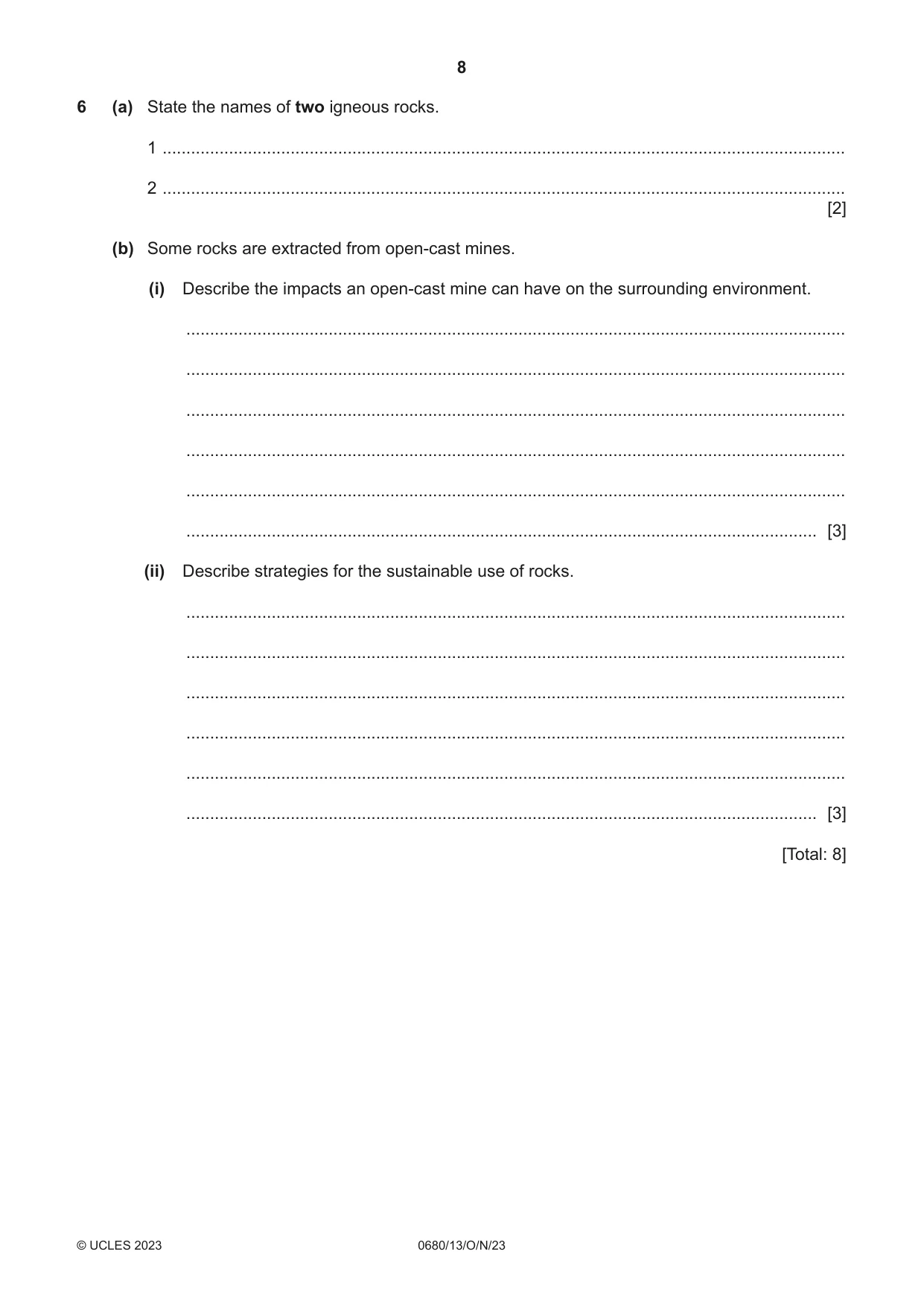 Cambridge IGCSE Environmental Management 0680 2023 Oct/Nov Paper 1 · Variant 3 question paper, page 8 of 20