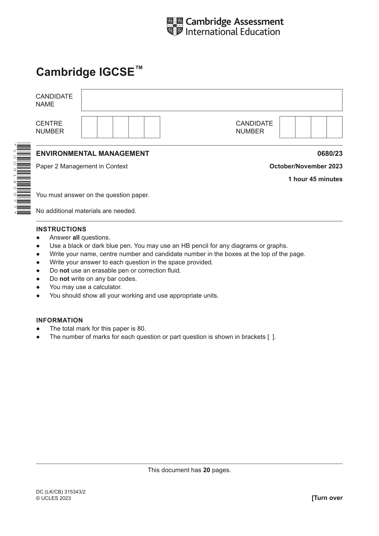 Cambridge IGCSE Environmental Management 0680 2023 Oct/Nov Paper 2 · Variant 3 question paper, page 1 of 20