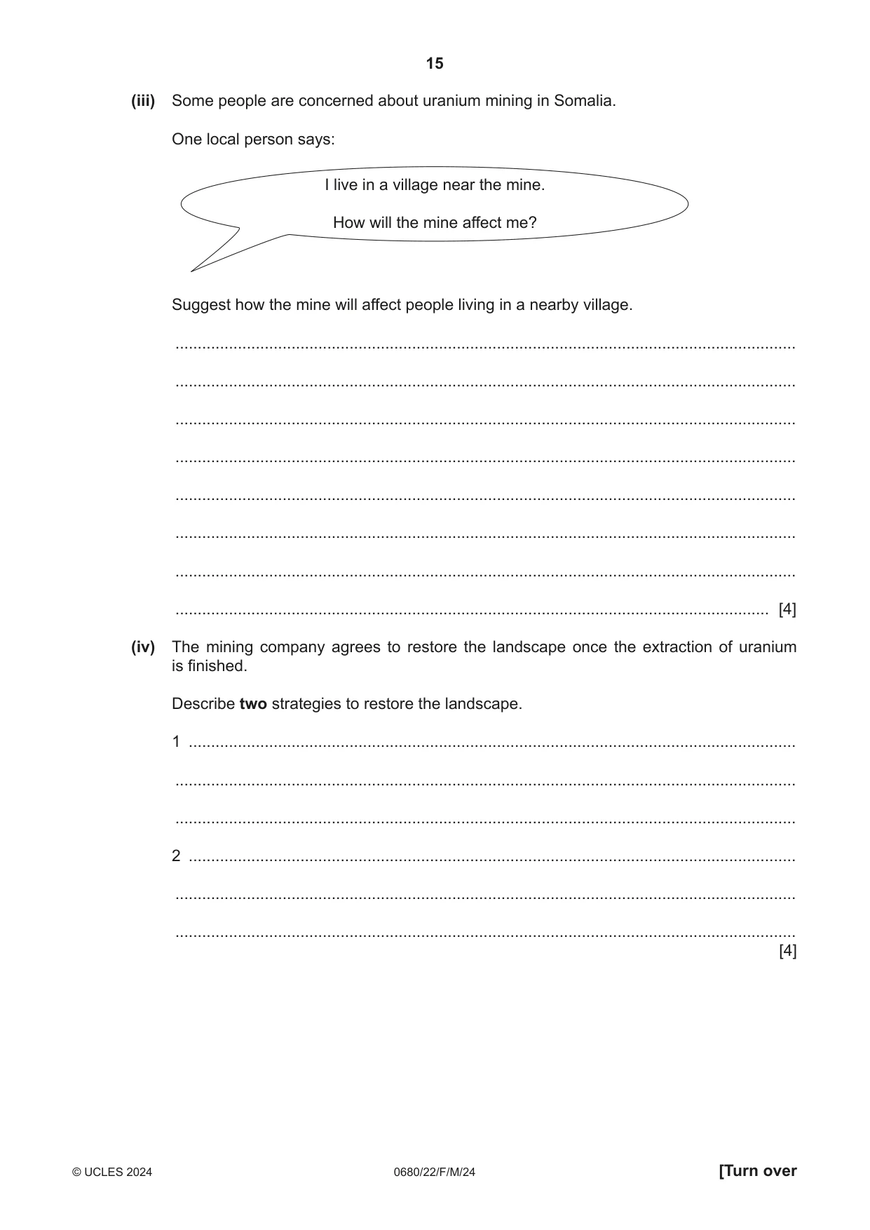 Cambridge IGCSE Environmental Management 0680 2024 Feb/March Paper 2 · Variant 2 question paper, page 15 of 20