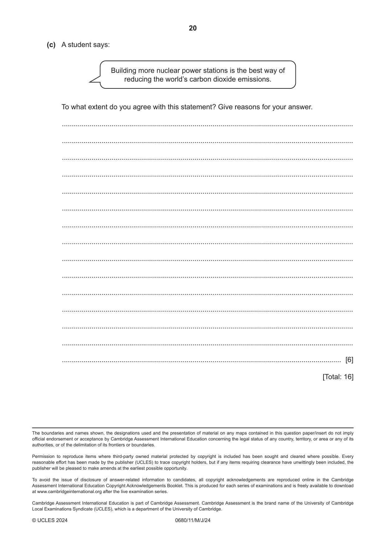 Cambridge IGCSE Environmental Management 0680 2024 May/June Paper 1 · Variant 1 question paper, page 20 of 20