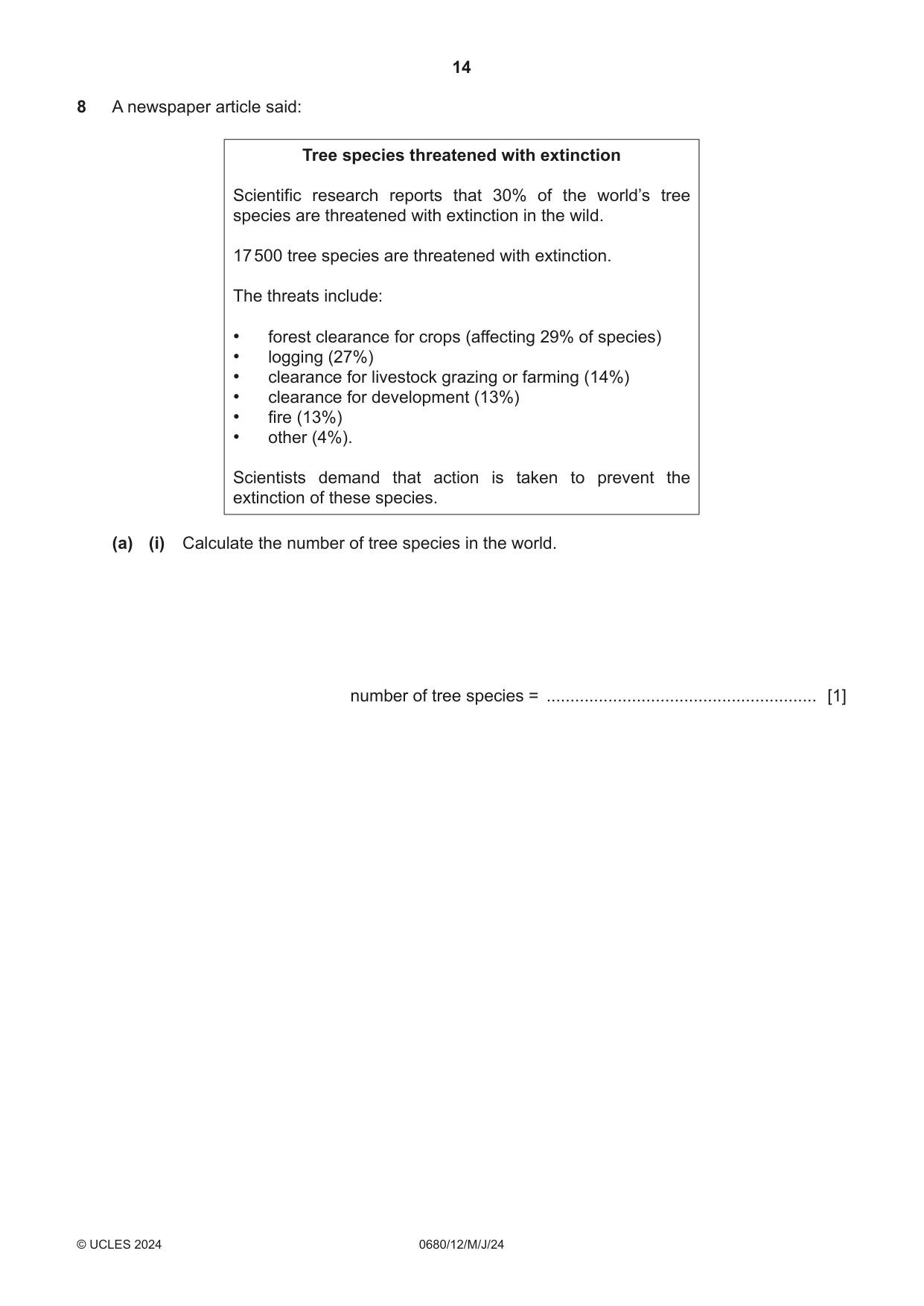 Cambridge IGCSE Environmental Management 0680 2024 May/June Paper 1 · Variant 2 question paper, page 14 of 20