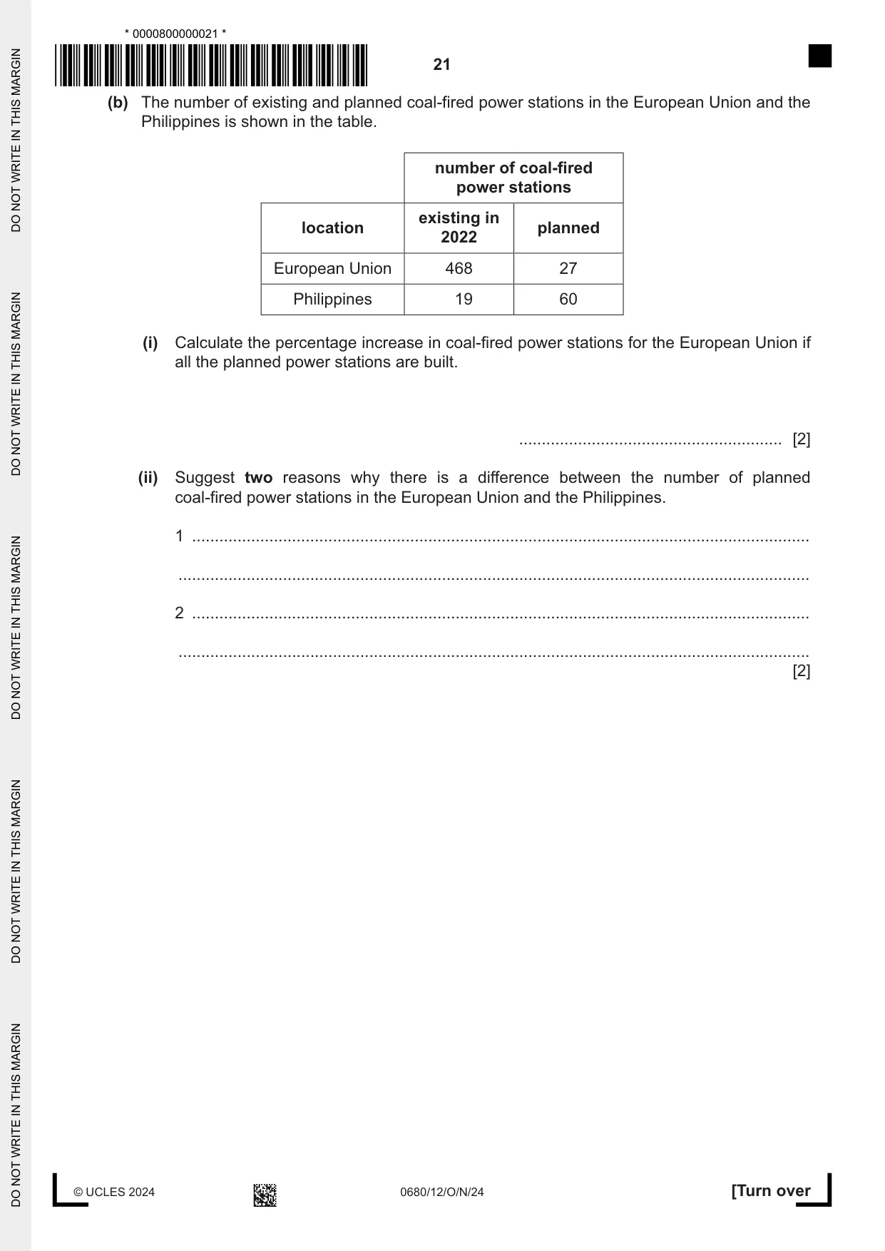 Cambridge IGCSE Environmental Management 0680 2024 Oct/Nov Paper 1 · Variant 2 question paper, page 21 of 24