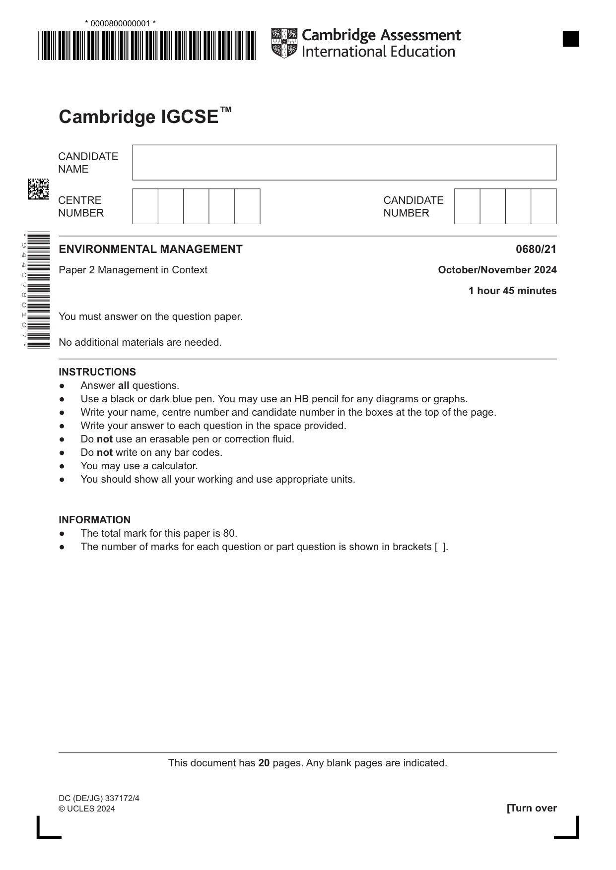 Cambridge IGCSE Environmental Management 0680 2024 Oct/Nov Paper 2 · Variant 1 question paper, page 1 of 20
