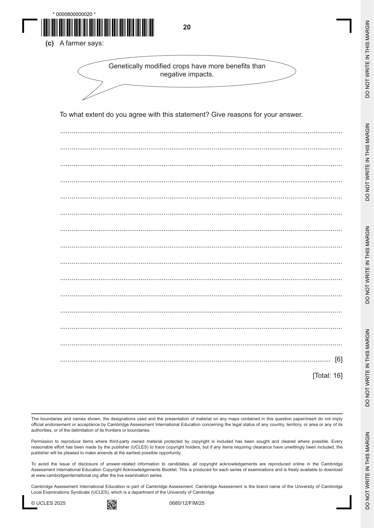 Cambridge IGCSE Environmental Management 0680 2025 Feb/March Paper 1 · Variant 2 question paper, page 20 of 20