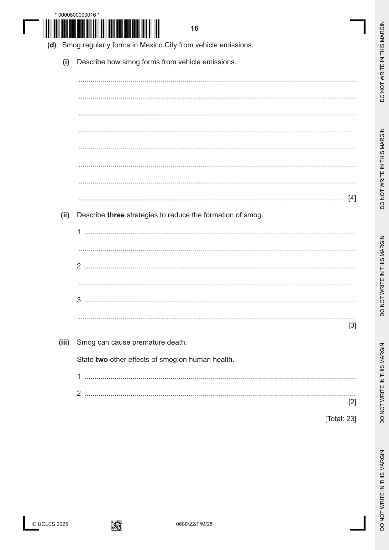 Cambridge IGCSE Environmental Management 0680 2025 Feb/March Paper 2 · Variant 2 question paper, page 16 of 20