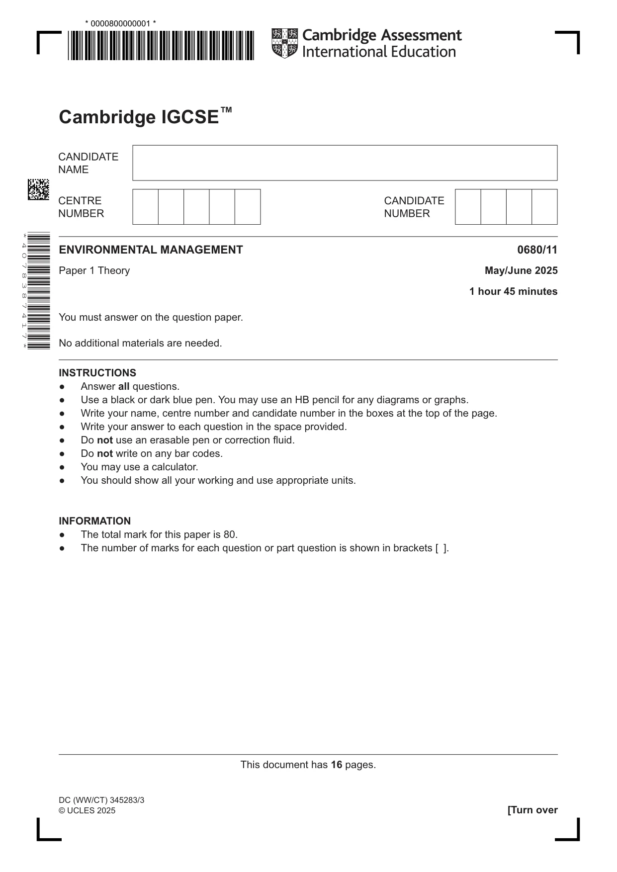 Cambridge IGCSE Environmental Management 0680 2025 May/June Paper 1 · Variant 1 question paper, page 1 of 16