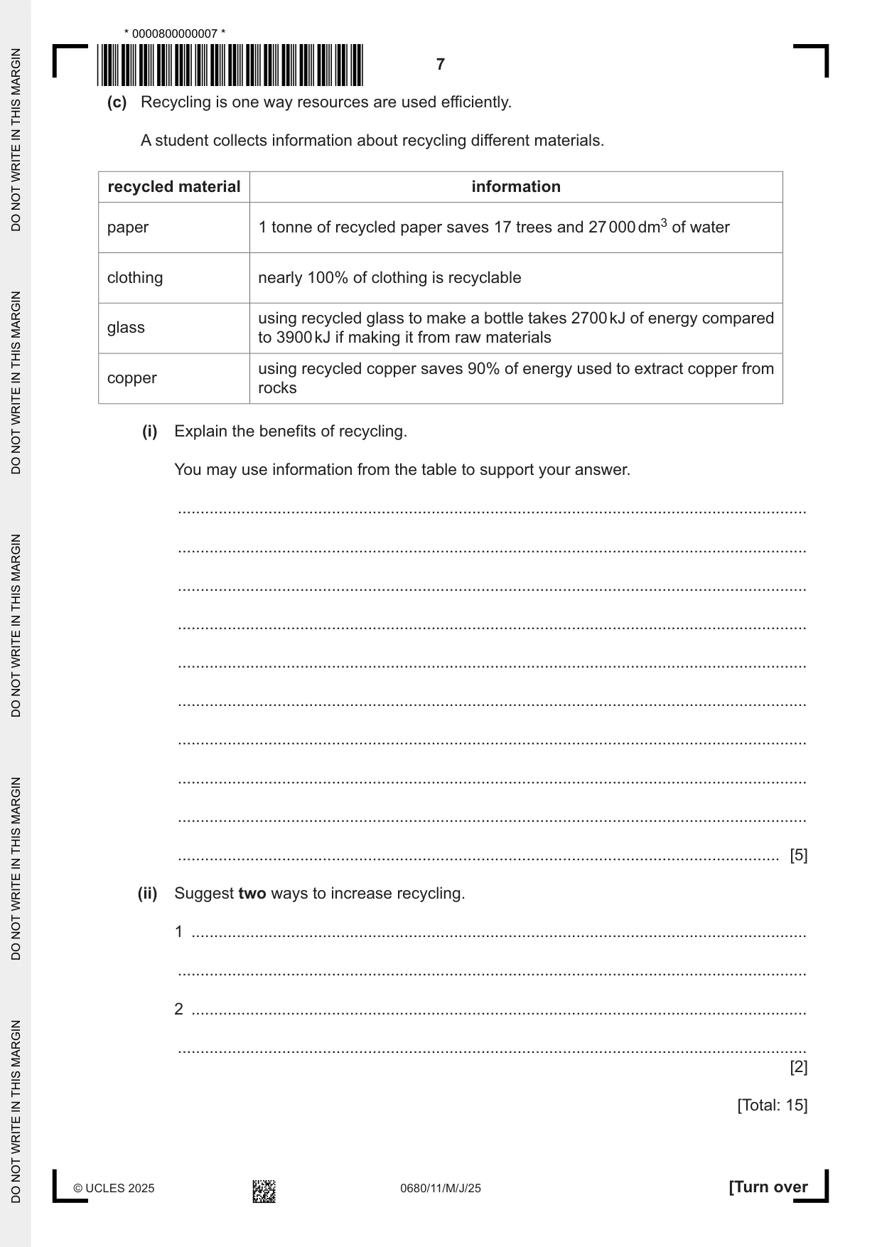 Cambridge IGCSE Environmental Management 0680 2025 May/June Paper 1 · Variant 1 question paper, page 7 of 16