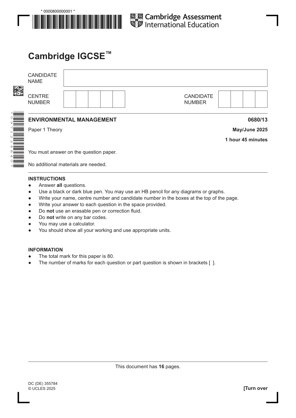 Cambridge IGCSE Environmental Management 0680 2025 May/June Paper 1 · Variant 3 question paper, page 1 of 16