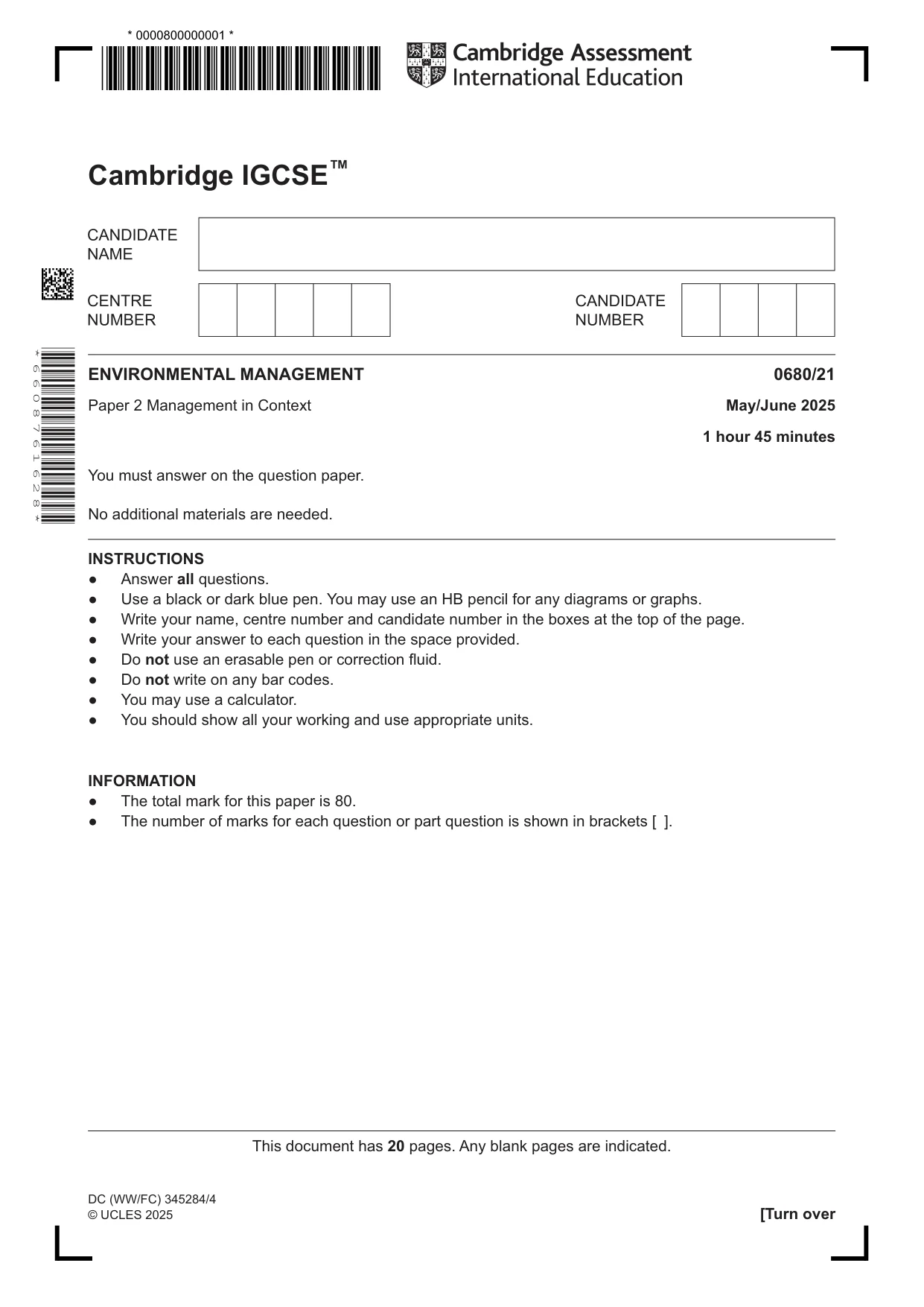 Cambridge IGCSE Environmental Management 0680 2025 May/June Paper 2 · Variant 1 question paper, page 1 of 20