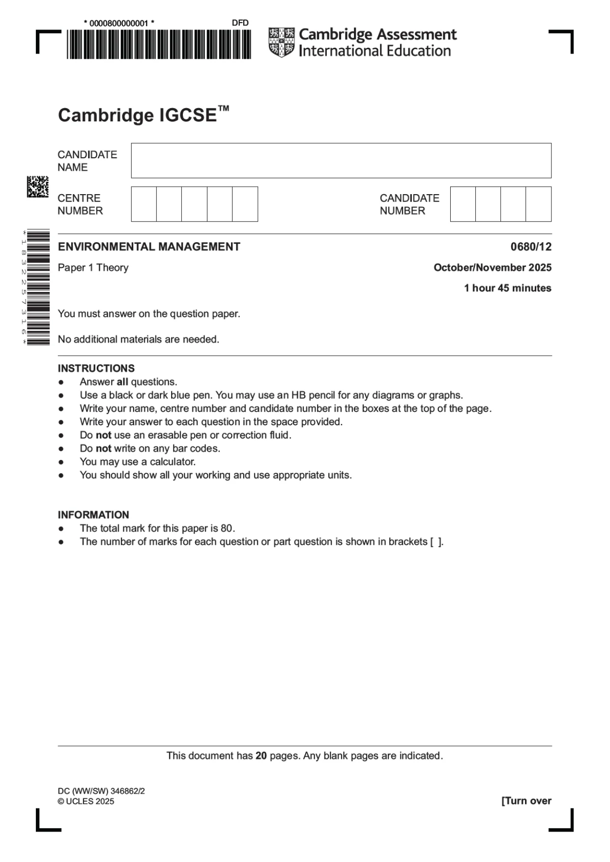 Cambridge IGCSE Environmental Management 0680 2025 Oct/Nov Paper 1 · Variant 2 question paper, page 1 of 20