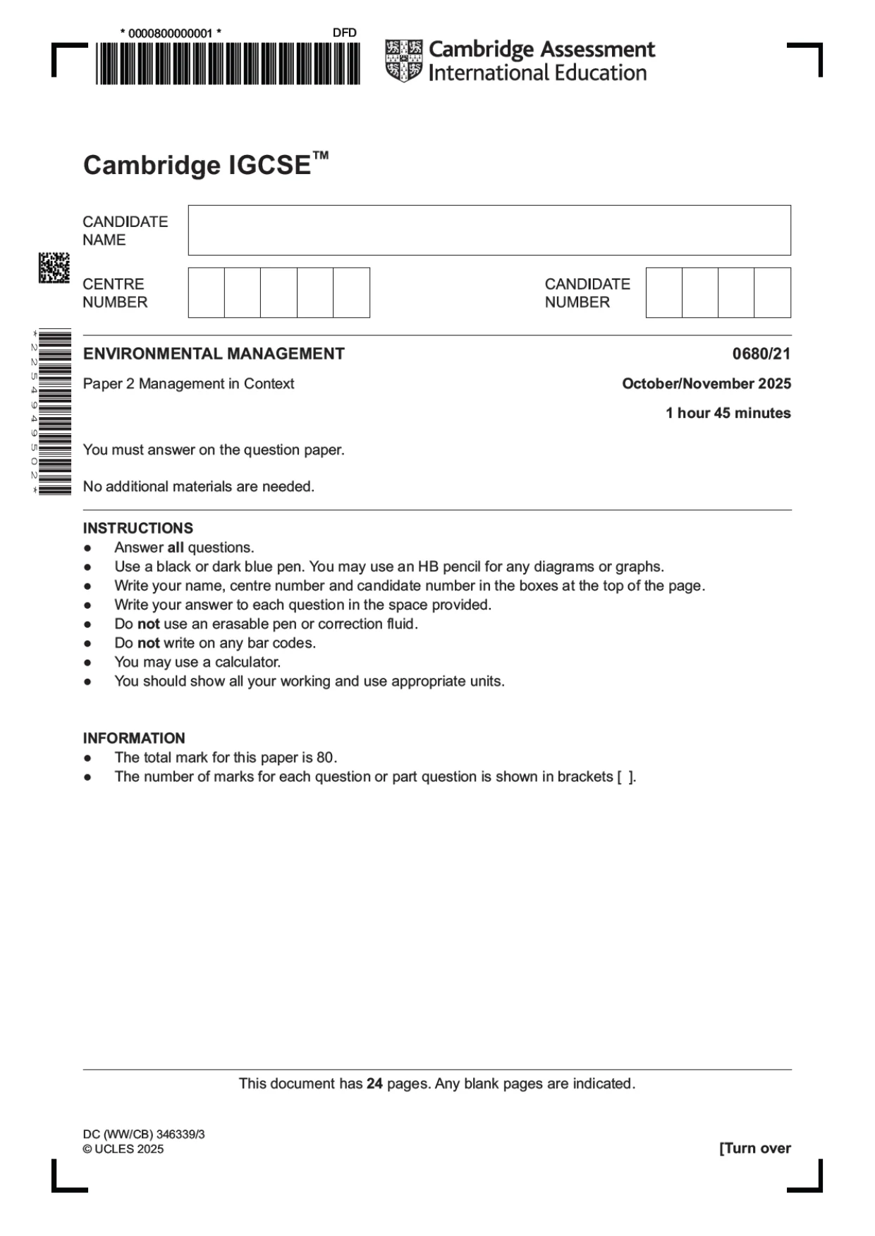 Cambridge IGCSE Environmental Management 0680 2025 Oct/Nov Paper 2 · Variant 1 question paper, page 1 of 24