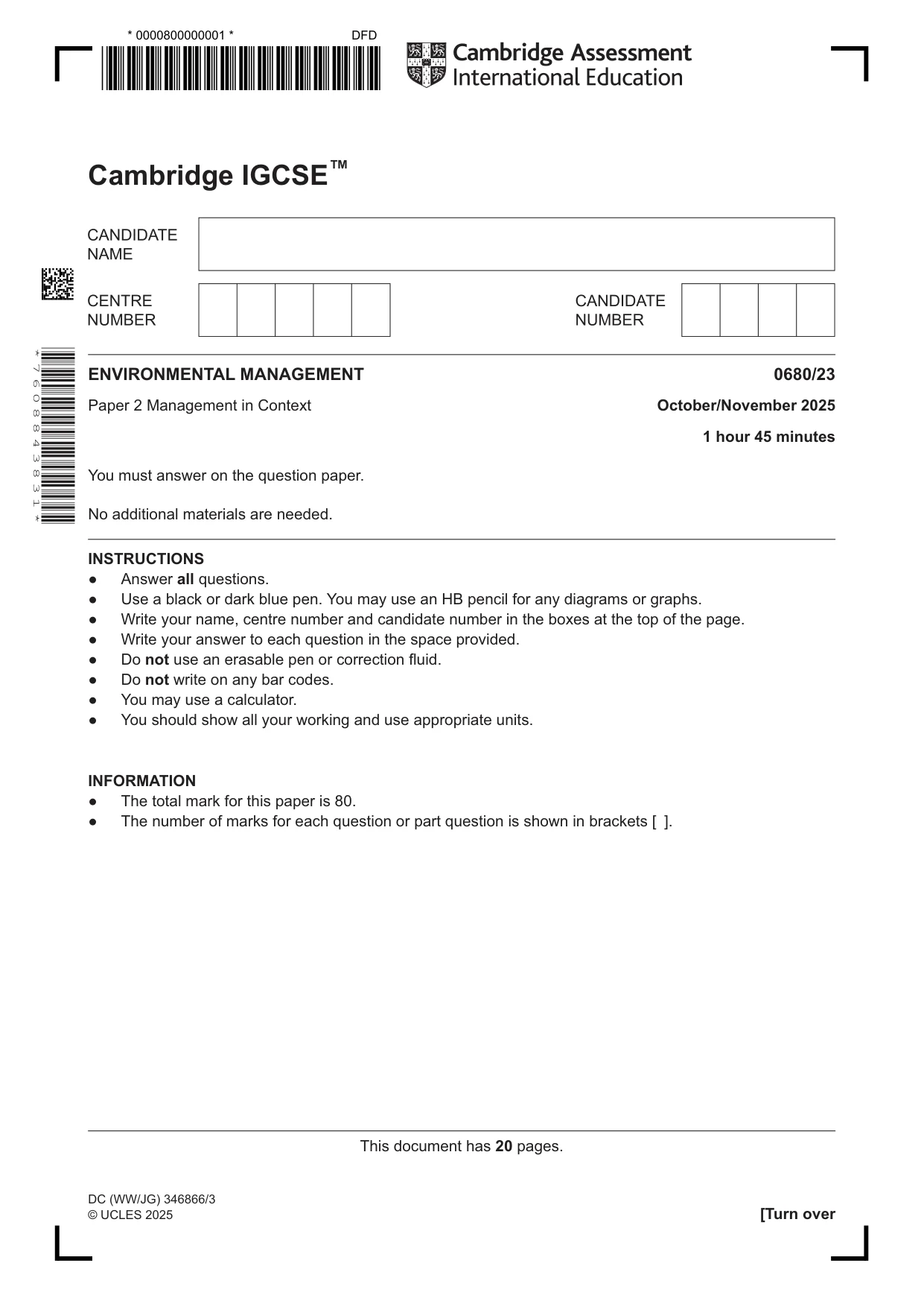 Cambridge IGCSE Environmental Management 0680 2025 Oct/Nov Paper 2 · Variant 3 question paper, page 1 of 20