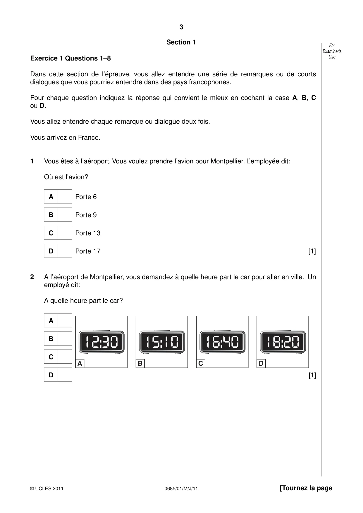 Cambridge IGCSE French - Foreign Language (UK) 0685 2011 May/June Paper 1 · Variant 0 question paper, page 3 of 12
