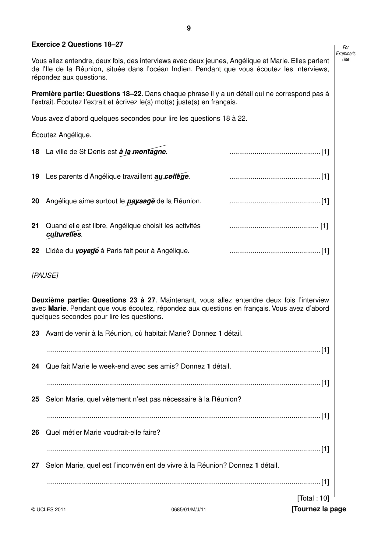 Cambridge IGCSE French - Foreign Language (UK) 0685 2011 May/June Paper 1 · Variant 0 question paper, page 9 of 12