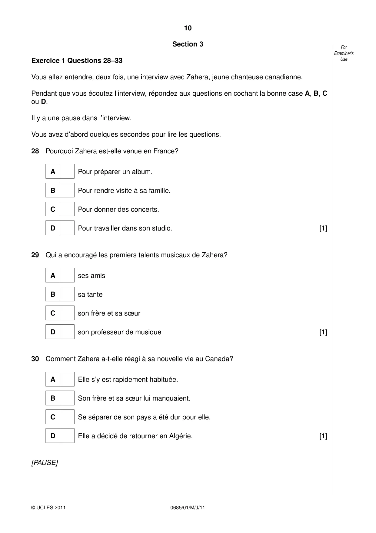 Cambridge IGCSE French - Foreign Language (UK) 0685 2011 May/June Paper 1 · Variant 0 question paper, page 10 of 12