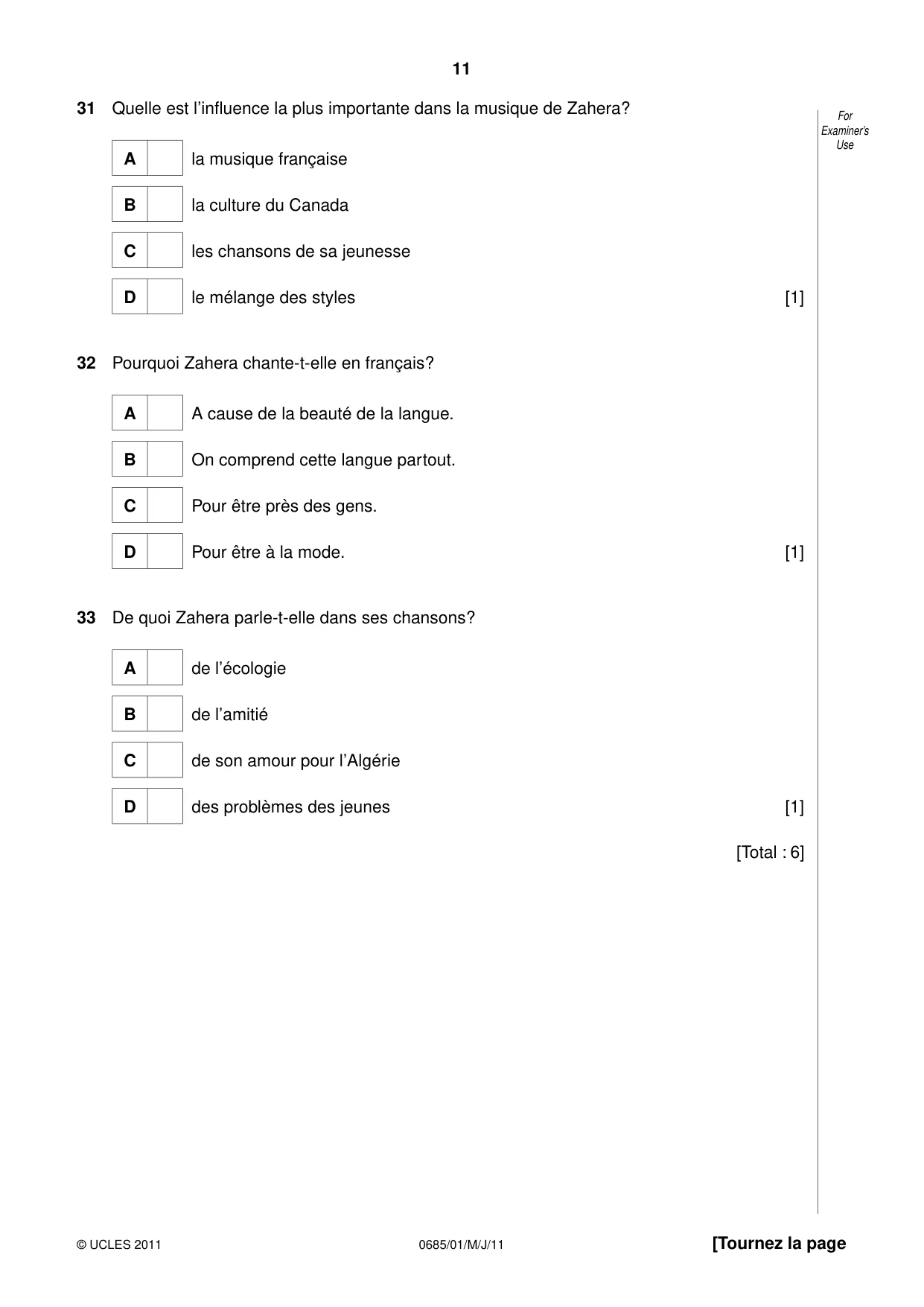 Cambridge IGCSE French - Foreign Language (UK) 0685 2011 May/June Paper 1 · Variant 0 question paper, page 11 of 12
