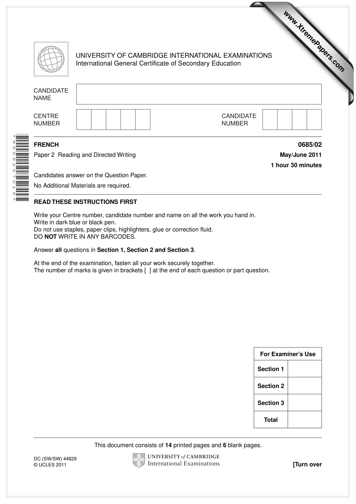 Cambridge IGCSE French - Foreign Language (UK) 0685 2011 May/June Paper 2 · Variant 0 question paper, page 1 of 20