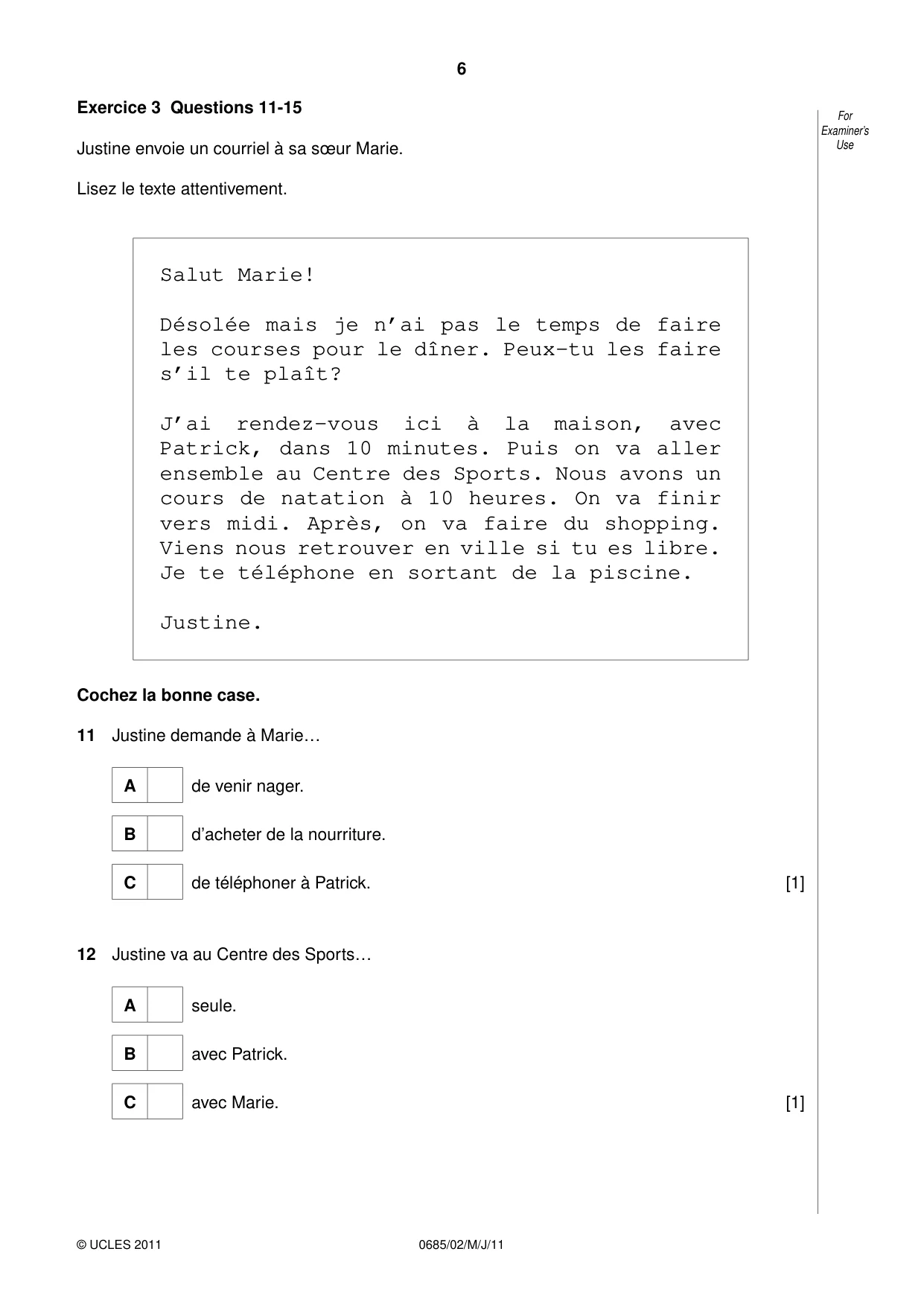 Cambridge IGCSE French - Foreign Language (UK) 0685 2011 May/June Paper 2 · Variant 0 question paper, page 6 of 20