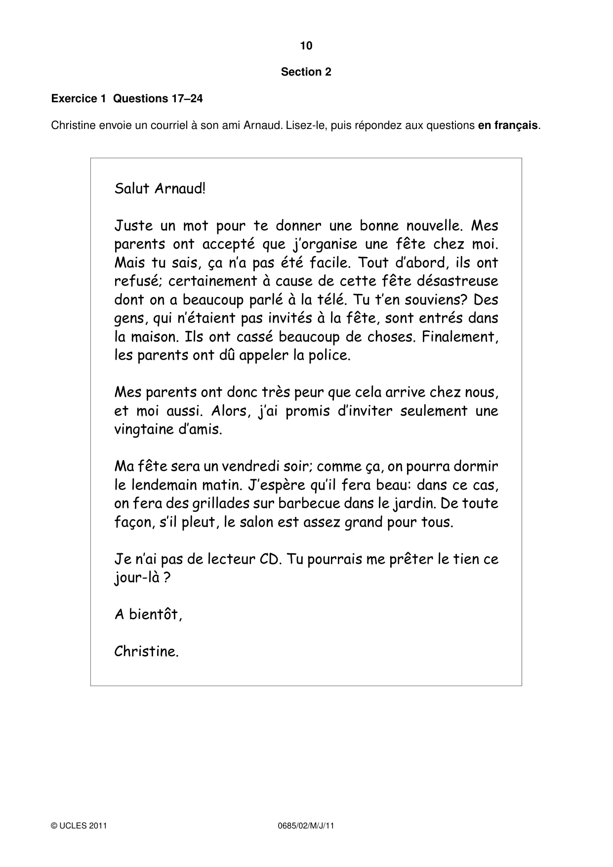 Cambridge IGCSE French - Foreign Language (UK) 0685 2011 May/June Paper 2 · Variant 0 question paper, page 10 of 20