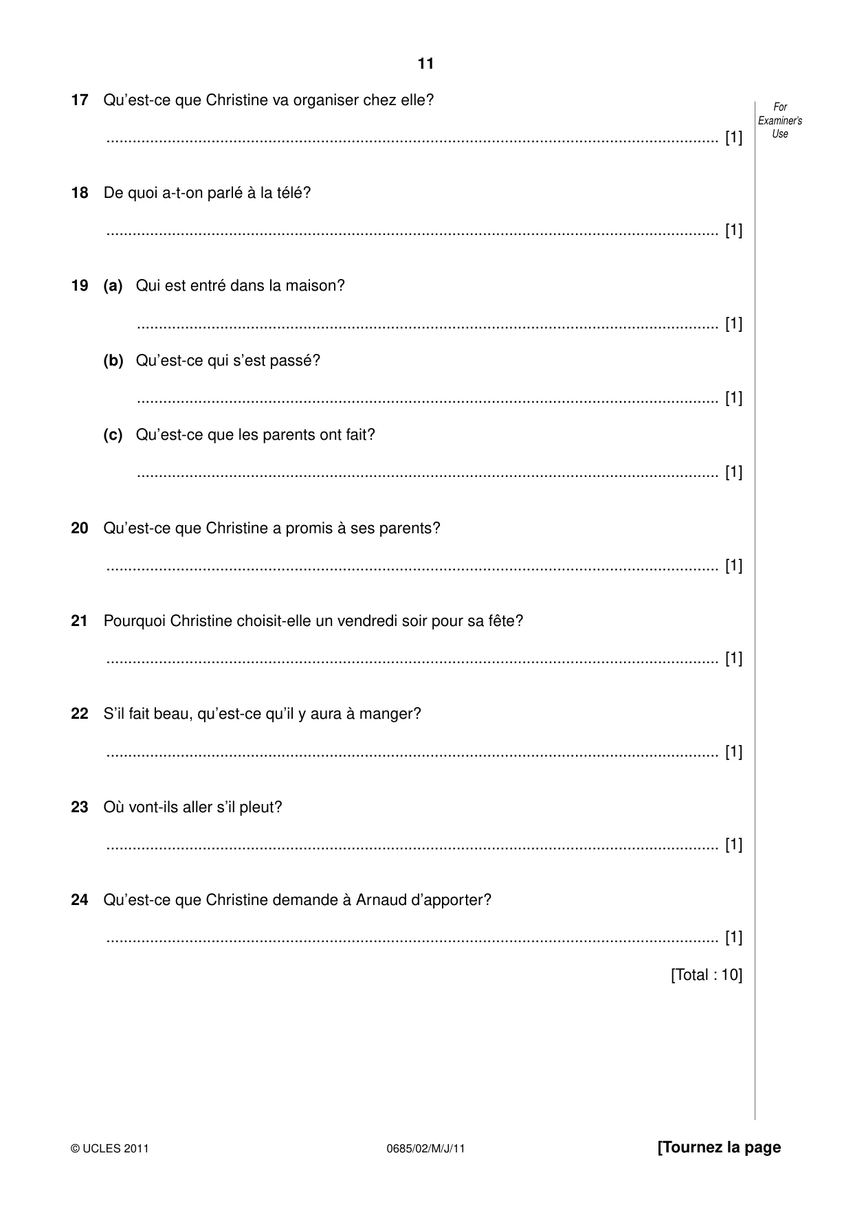 Cambridge IGCSE French - Foreign Language (UK) 0685 2011 May/June Paper 2 · Variant 0 question paper, page 11 of 20