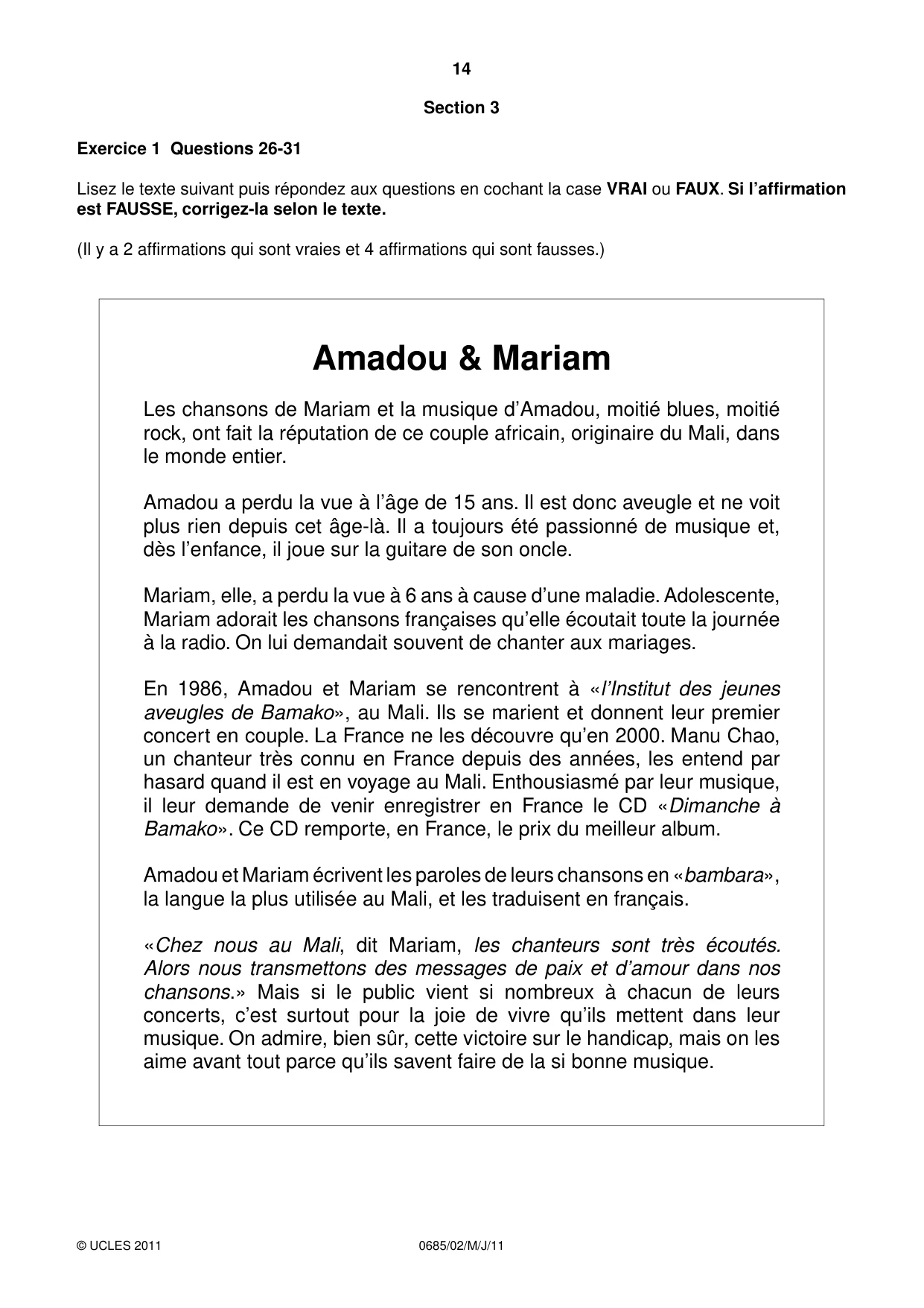 Cambridge IGCSE French - Foreign Language (UK) 0685 2011 May/June Paper 2 · Variant 0 question paper, page 14 of 20