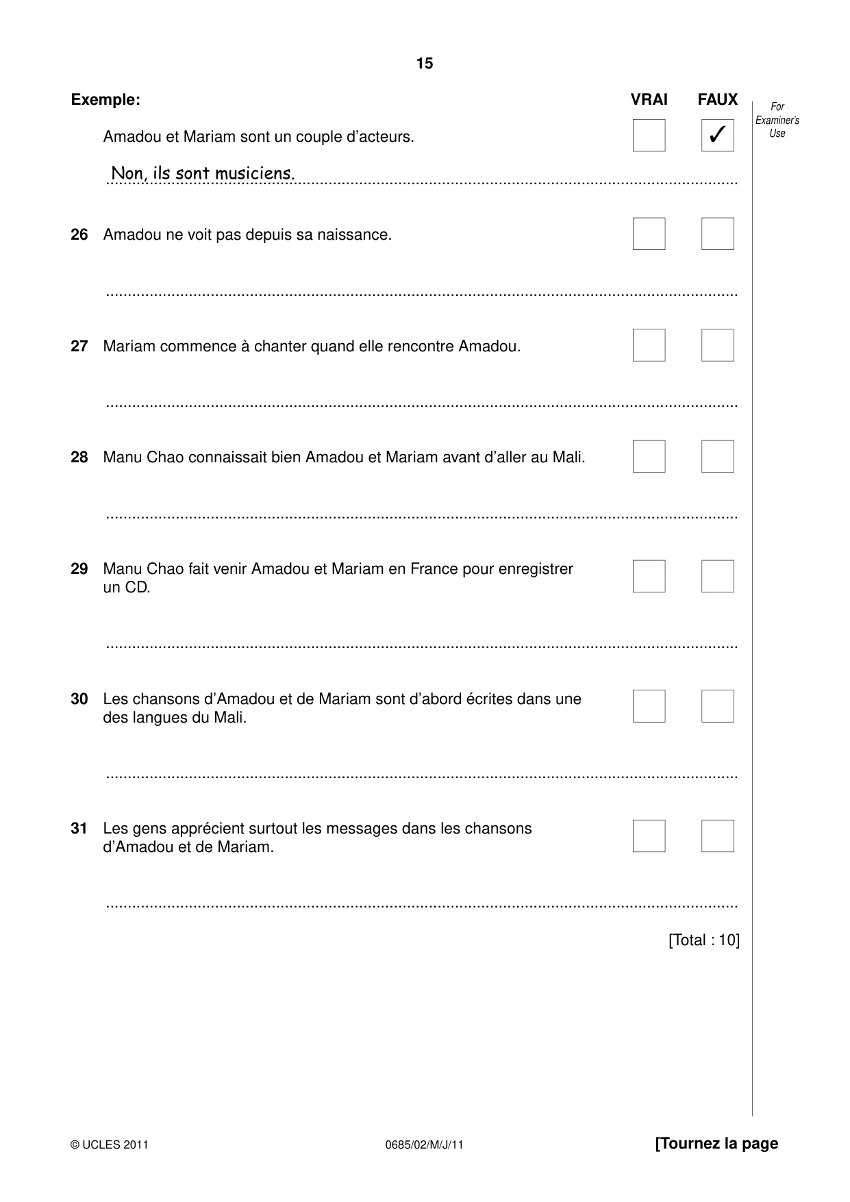 Cambridge IGCSE French - Foreign Language (UK) 0685 2011 May/June Paper 2 · Variant 0 question paper, page 15 of 20