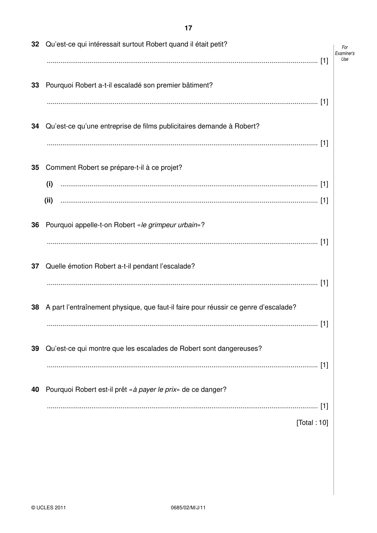 Cambridge IGCSE French - Foreign Language (UK) 0685 2011 May/June Paper 2 · Variant 0 question paper, page 17 of 20