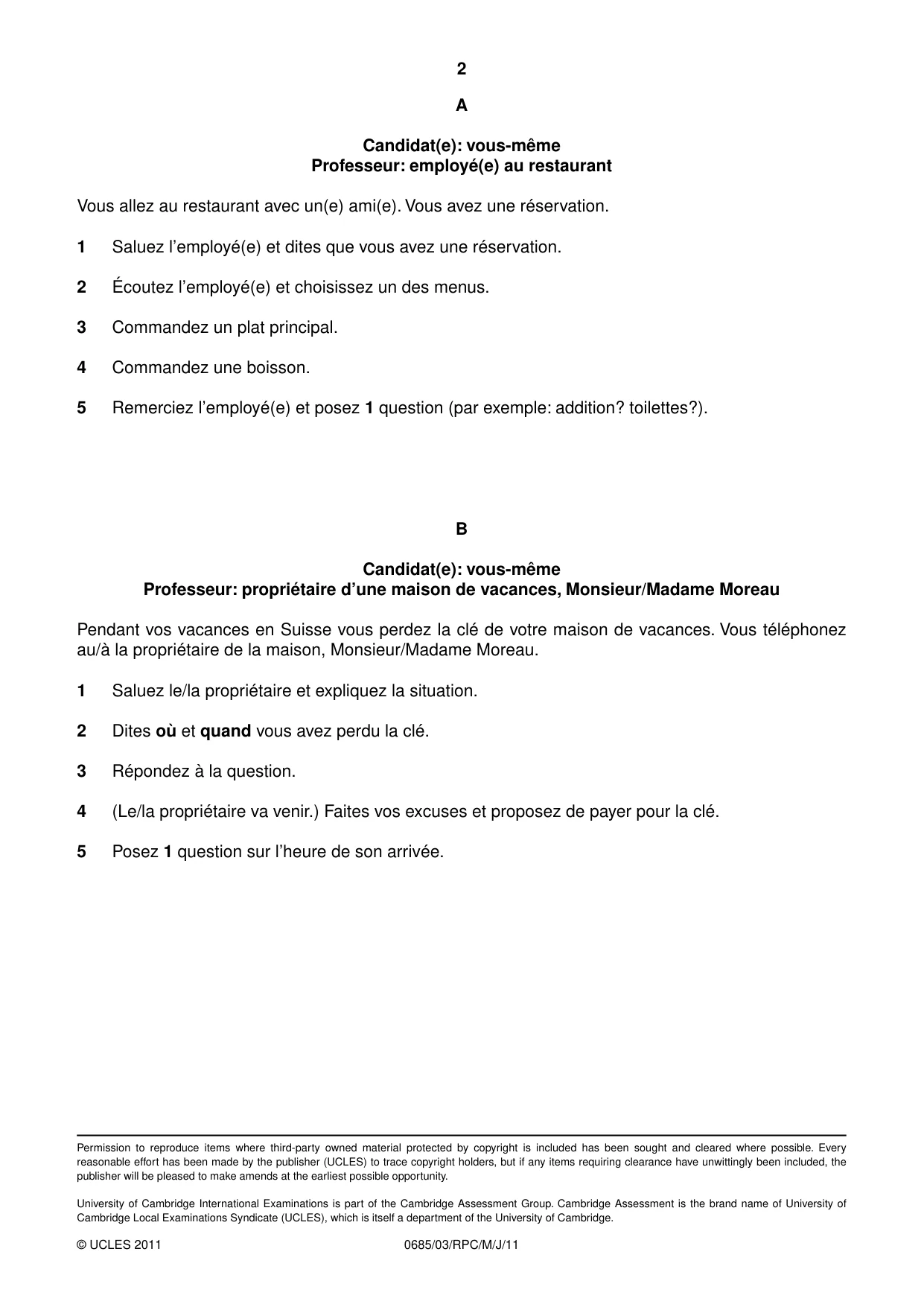 Cambridge IGCSE French - Foreign Language (UK) 0685 2011 May/June Paper 3 · Variant 0 question paper, page 2 of 18