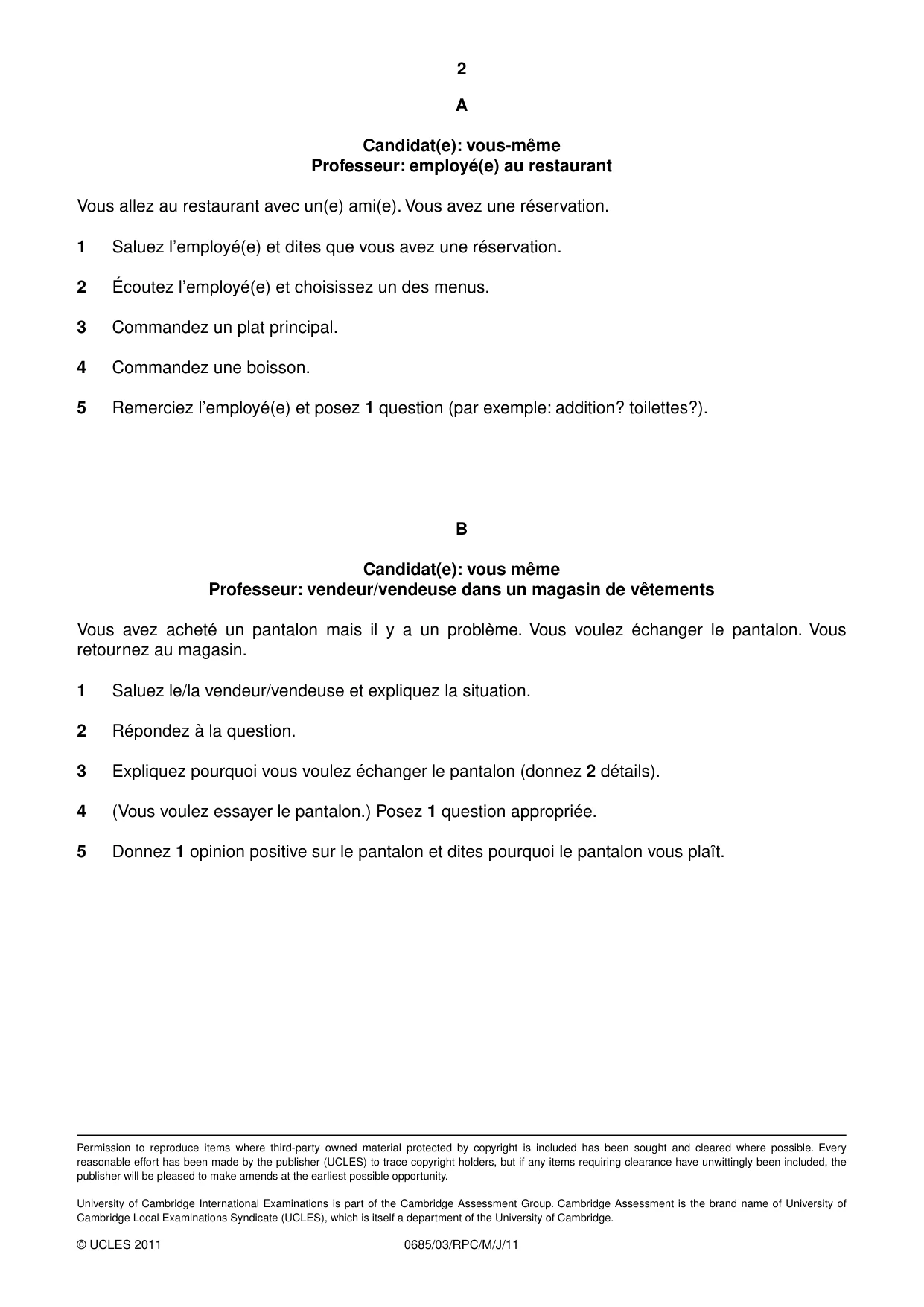 Cambridge IGCSE French - Foreign Language (UK) 0685 2011 May/June Paper 3 · Variant 0 question paper, page 4 of 18