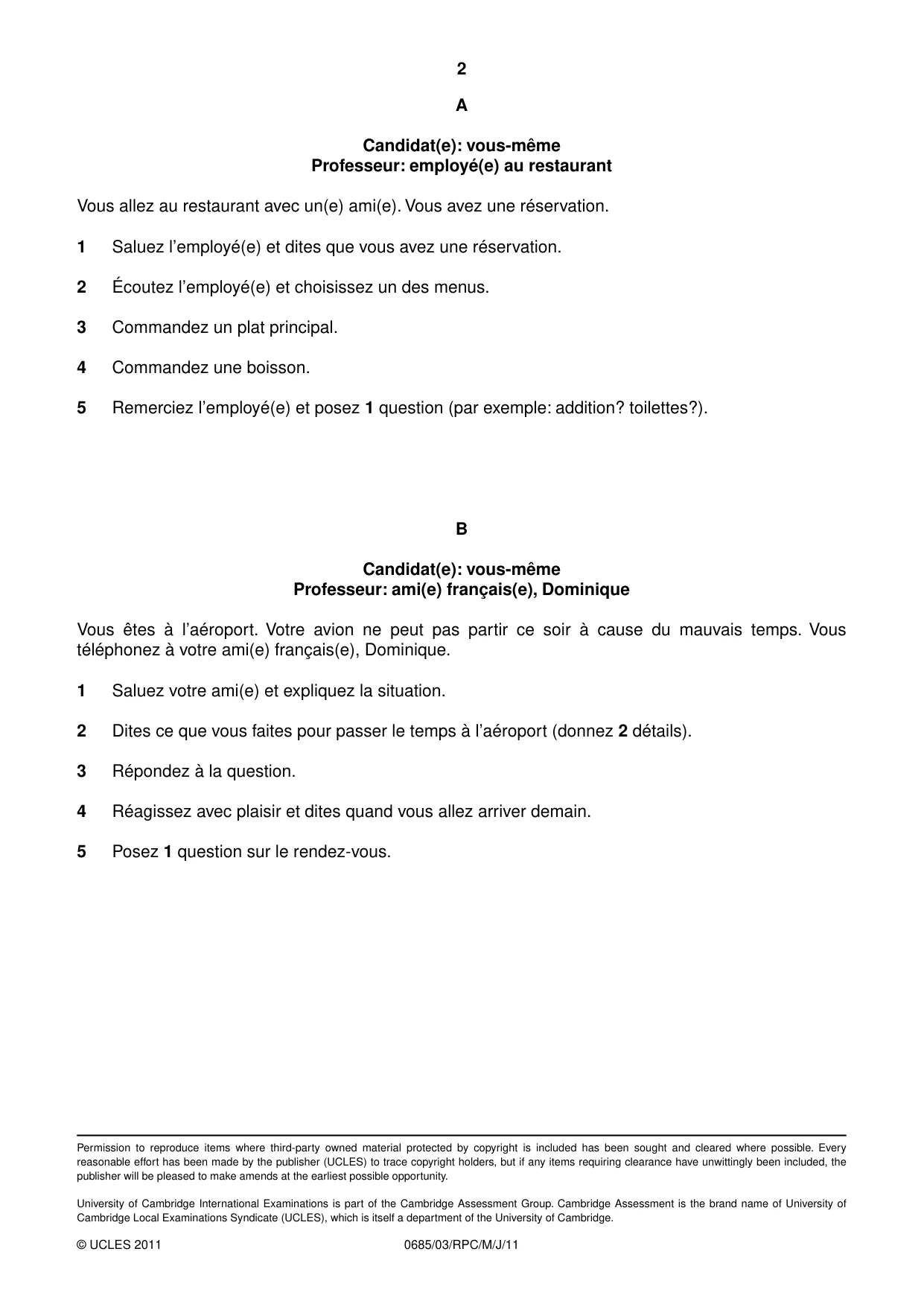 Cambridge IGCSE French - Foreign Language (UK) 0685 2011 May/June Paper 3 · Variant 0 question paper, page 6 of 18