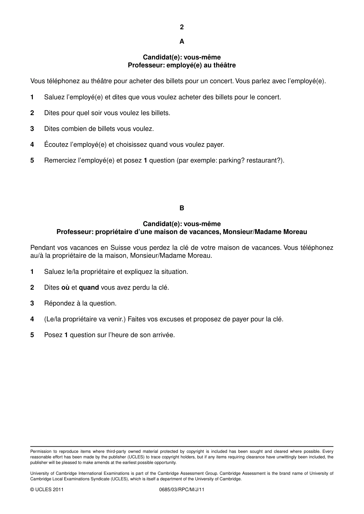 Cambridge IGCSE French - Foreign Language (UK) 0685 2011 May/June Paper 3 · Variant 0 question paper, page 8 of 18