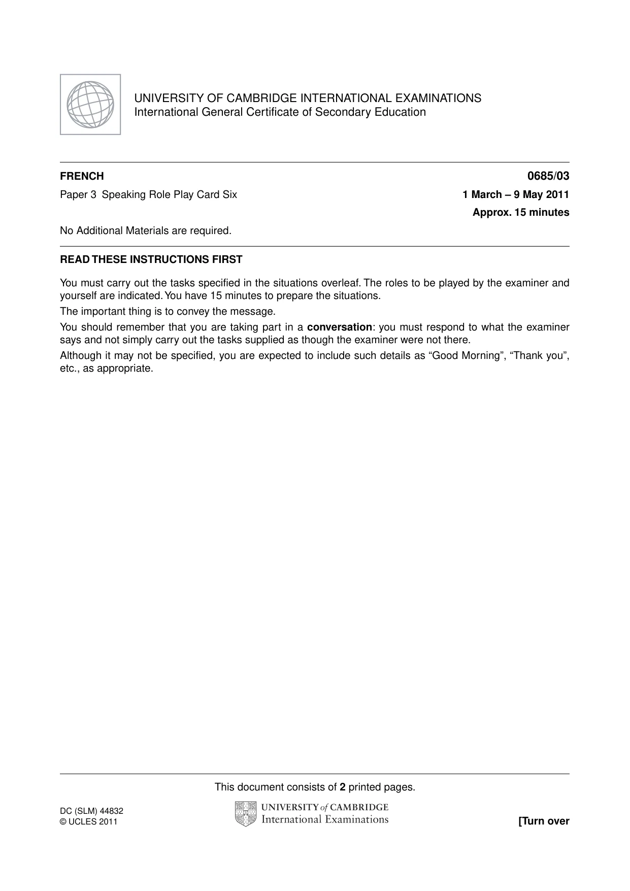 Cambridge IGCSE French - Foreign Language (UK) 0685 2011 May/June Paper 3 · Variant 0 question paper, page 11 of 18