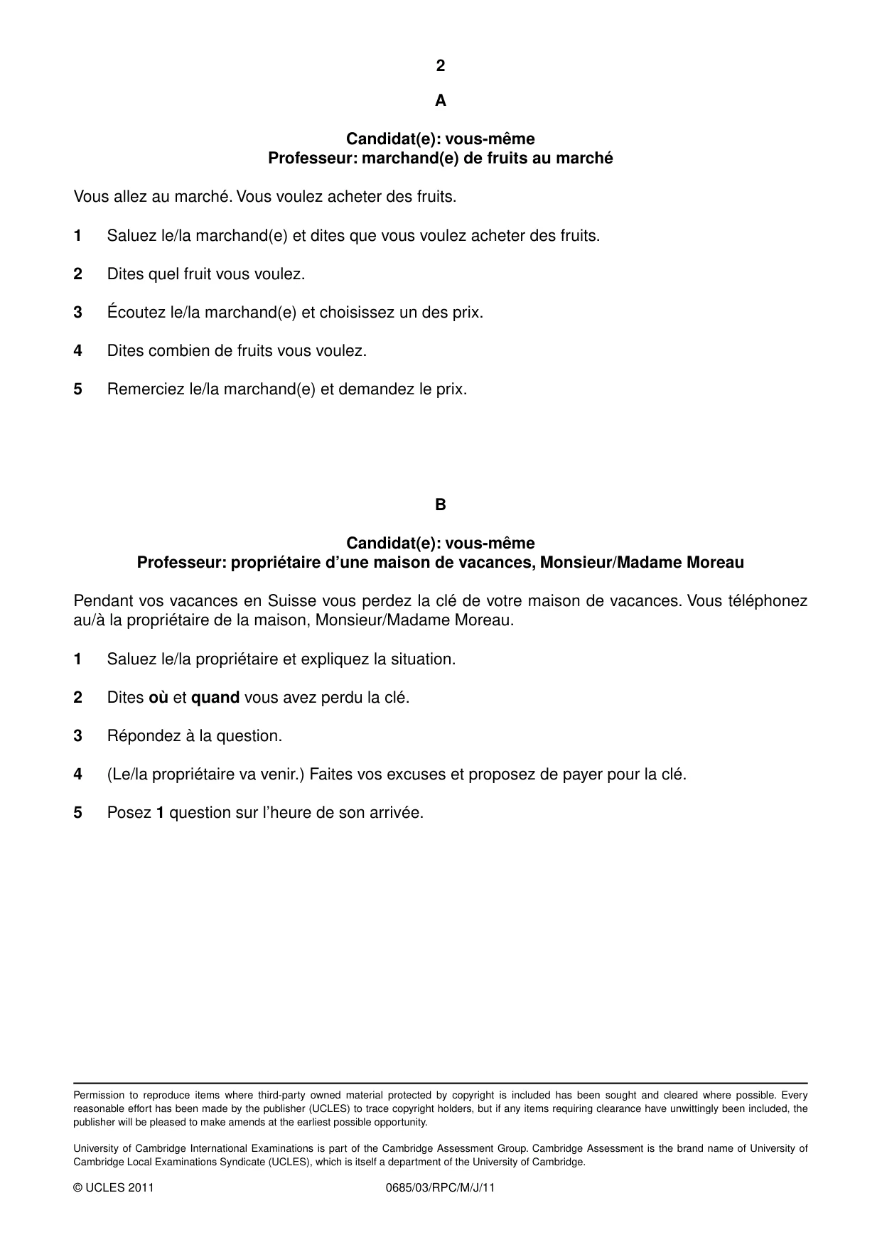 Cambridge IGCSE French - Foreign Language (UK) 0685 2011 May/June Paper 3 · Variant 0 question paper, page 14 of 18