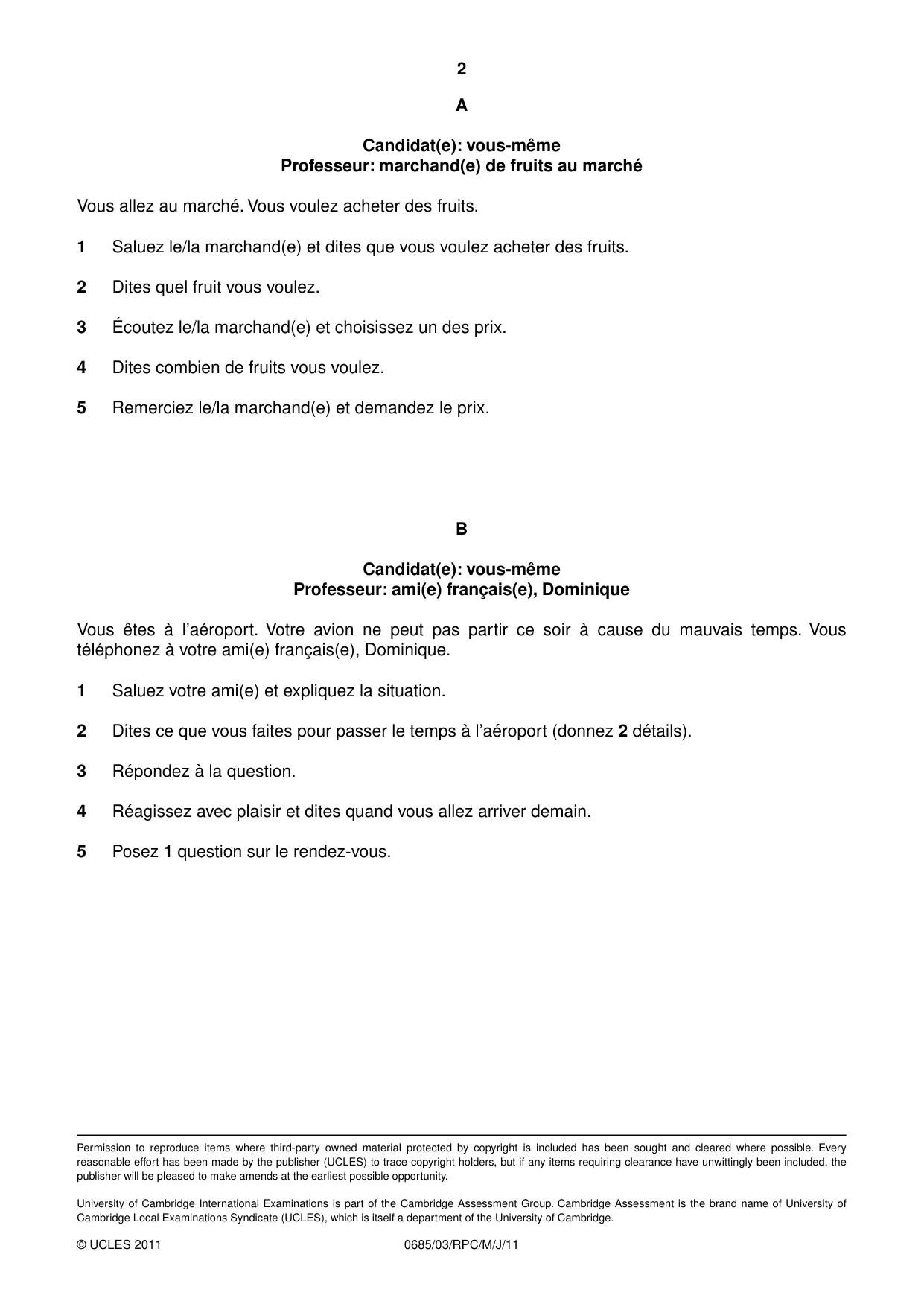 Cambridge IGCSE French - Foreign Language (UK) 0685 2011 May/June Paper 3 · Variant 0 question paper, page 18 of 18