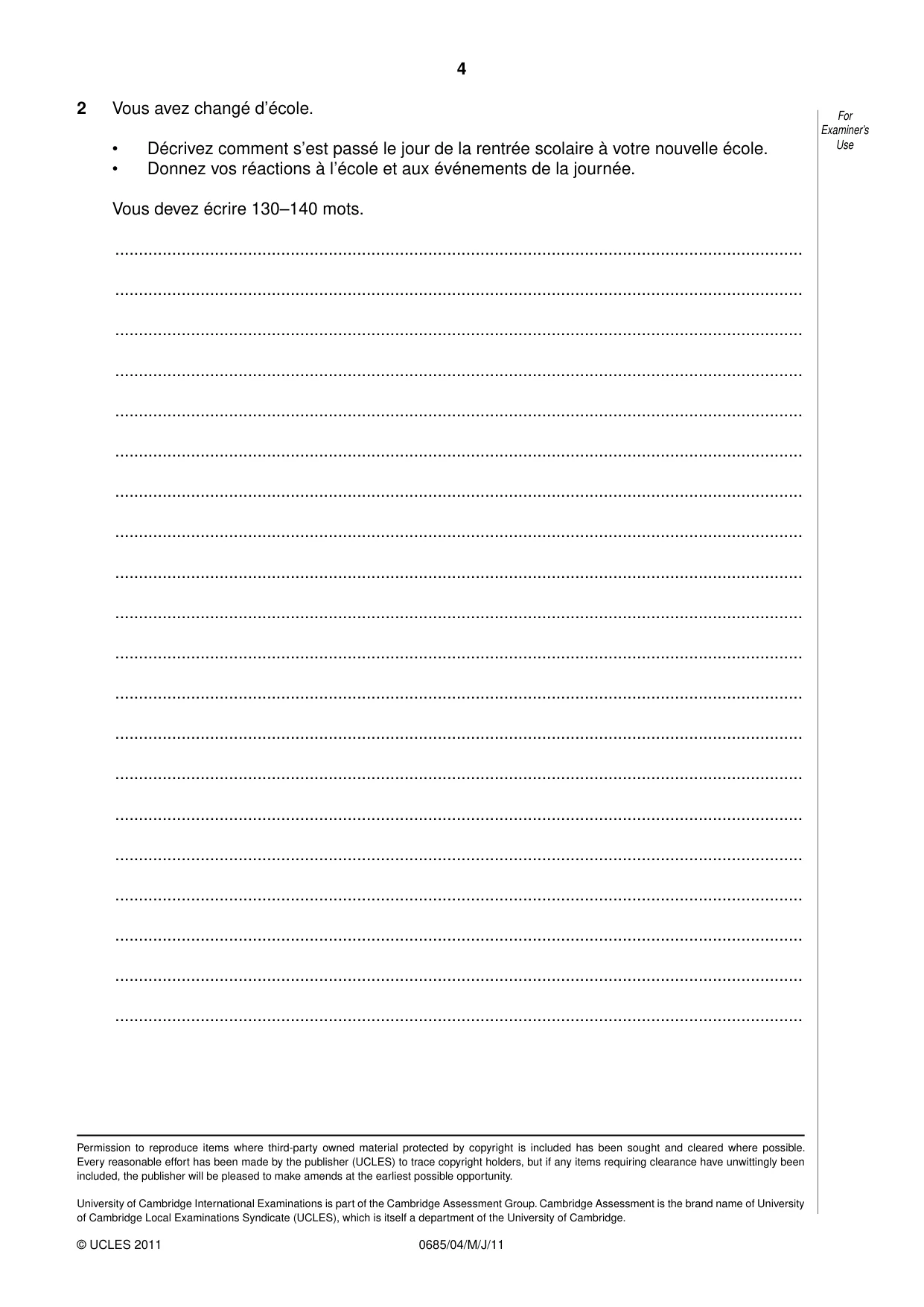 Cambridge IGCSE French - Foreign Language (UK) 0685 2011 May/June Paper 4 · Variant 0 question paper, page 4 of 4