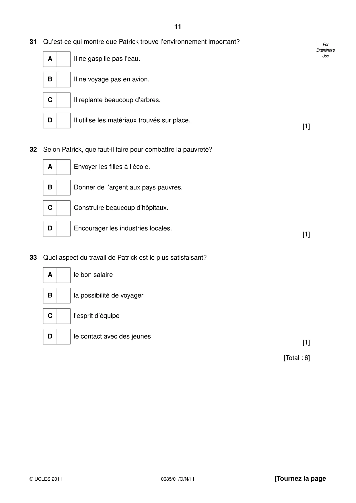Cambridge IGCSE French - Foreign Language (UK) 0685 2011 Oct/Nov Paper 1 · Variant 1 question paper, page 11 of 12