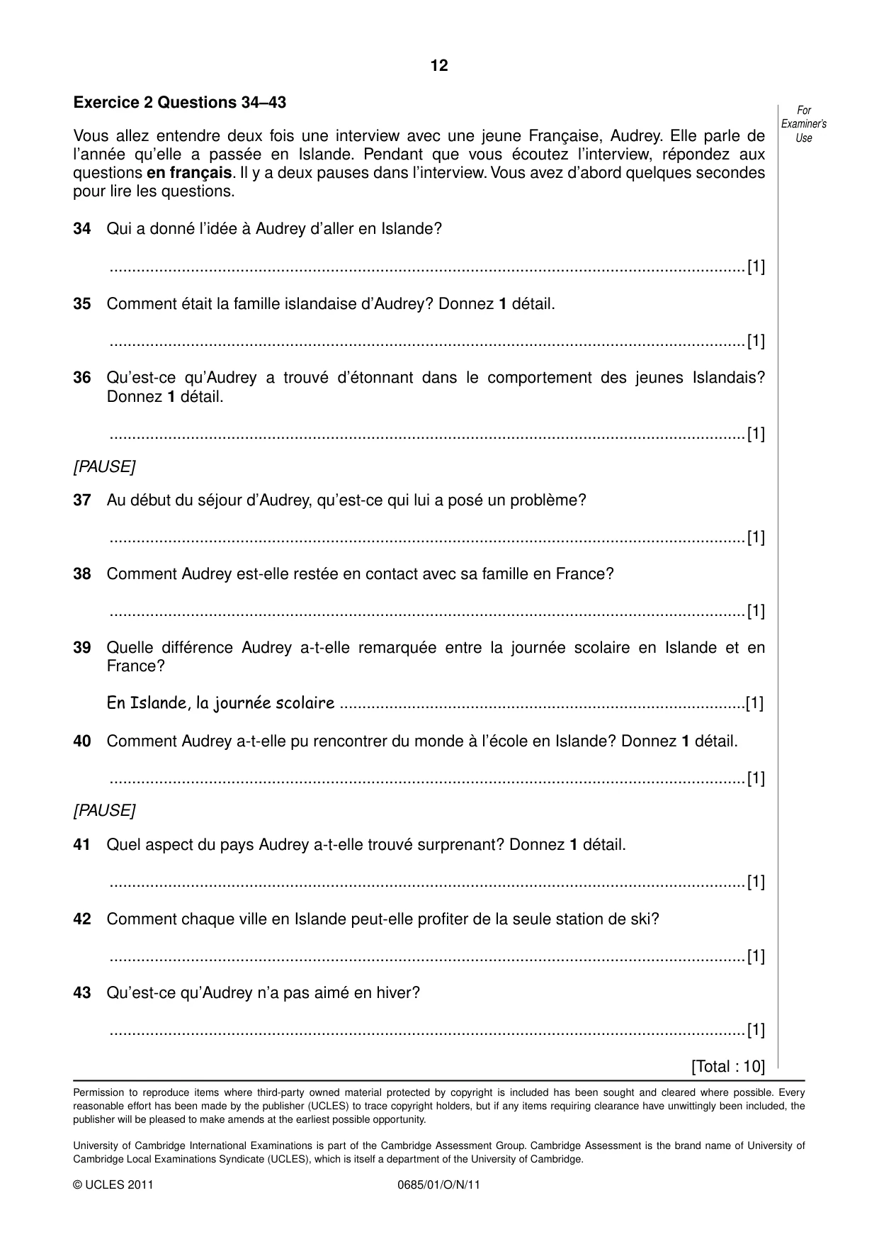 Cambridge IGCSE French - Foreign Language (UK) 0685 2011 Oct/Nov Paper 1 · Variant 1 question paper, page 12 of 12