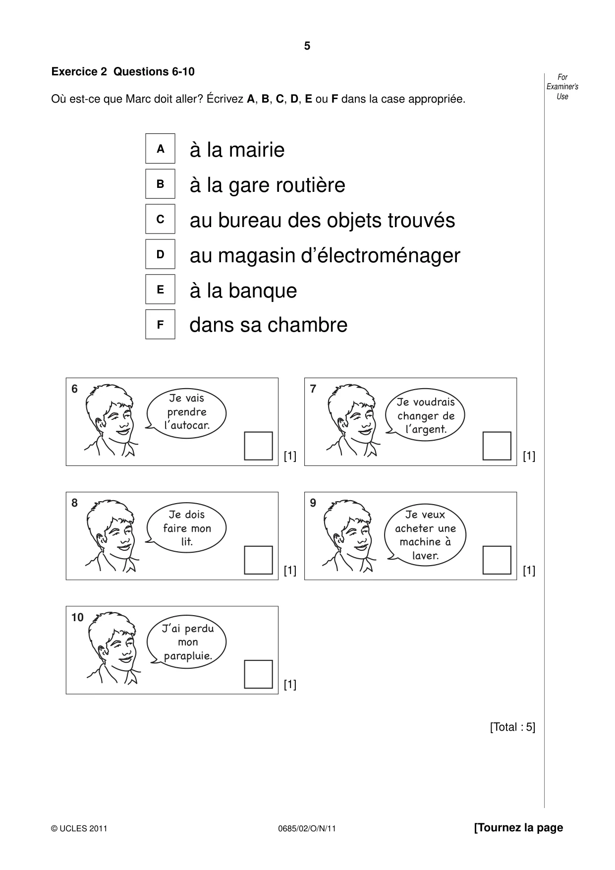 Cambridge IGCSE French - Foreign Language (UK) 0685 2011 Oct/Nov Paper 2 · Variant 1 question paper, page 5 of 20