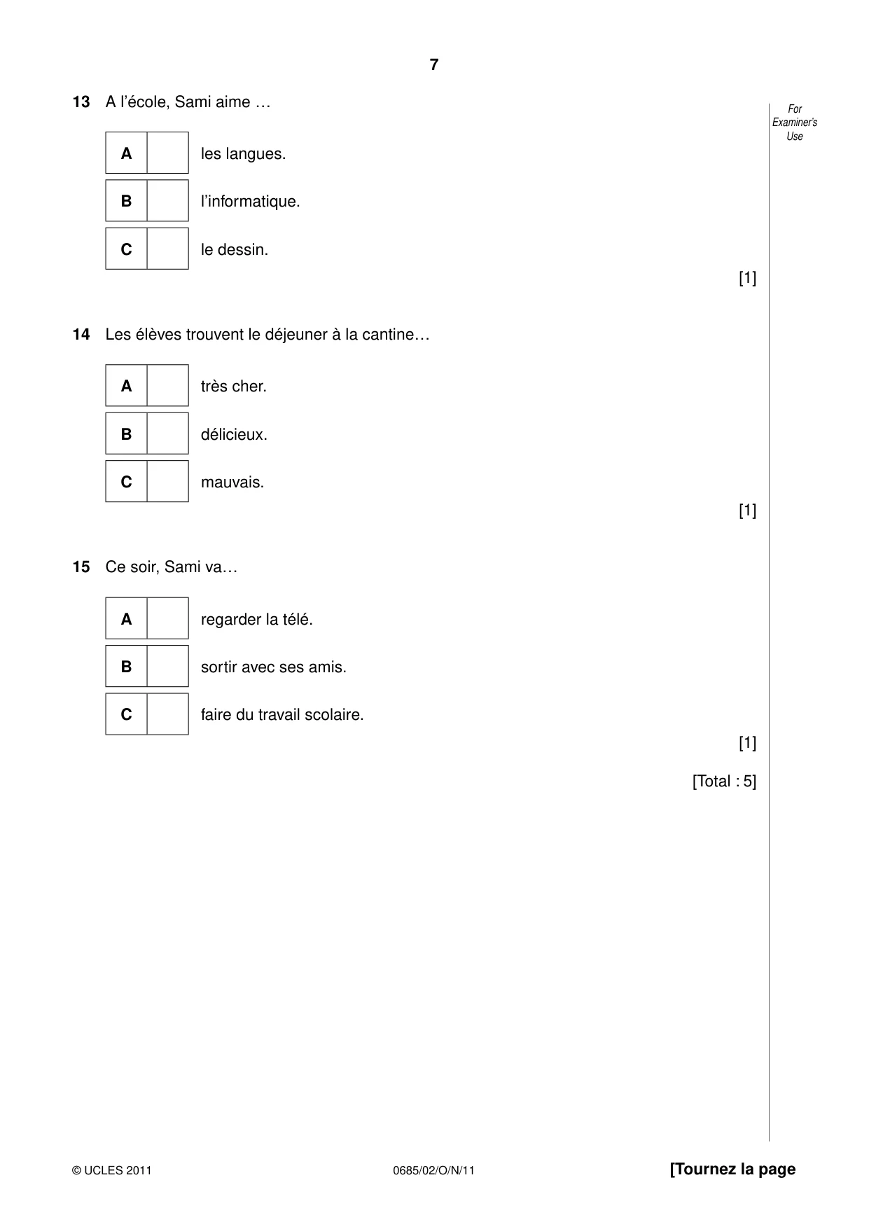 Cambridge IGCSE French - Foreign Language (UK) 0685 2011 Oct/Nov Paper 2 · Variant 1 question paper, page 7 of 20