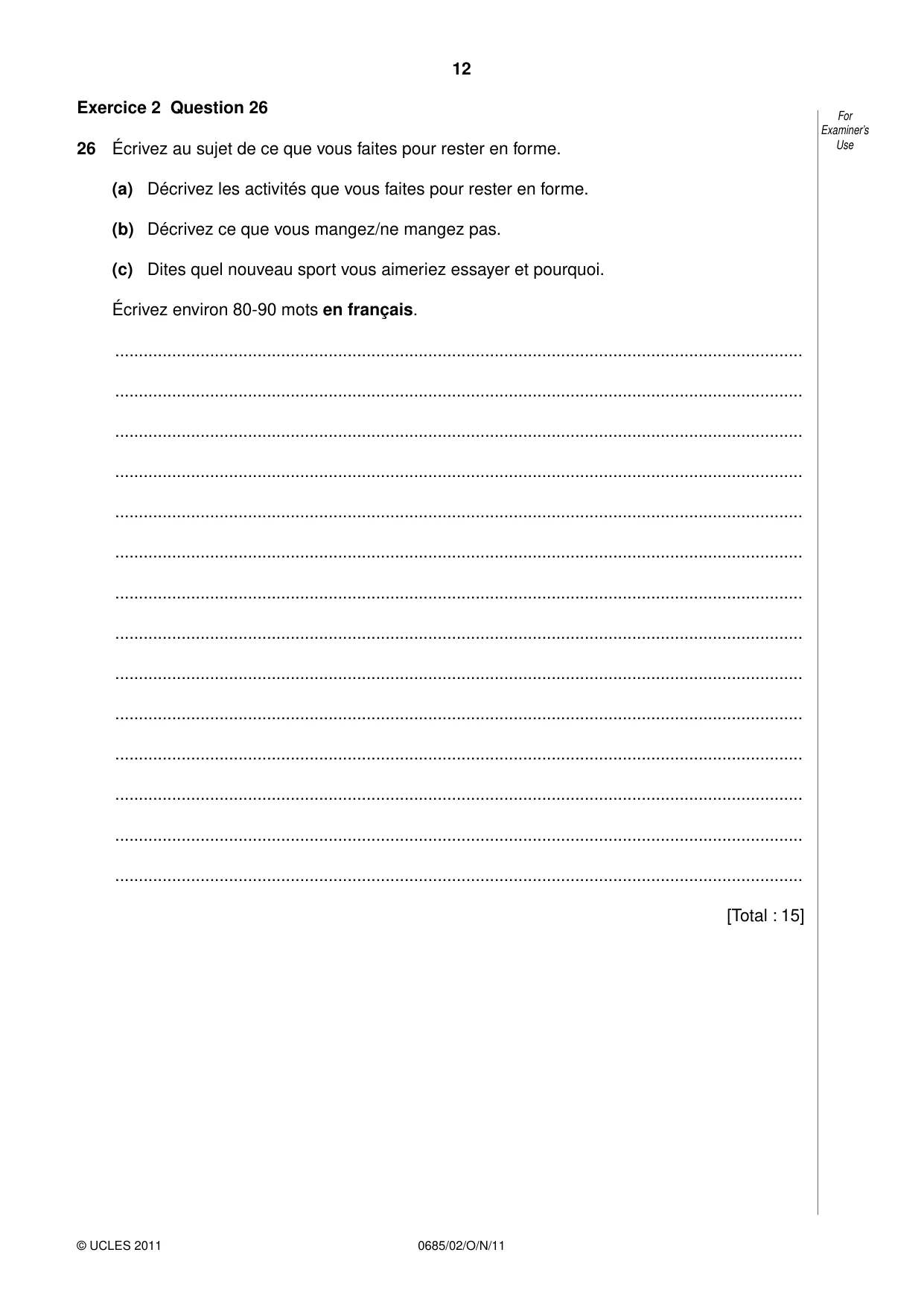 Cambridge IGCSE French - Foreign Language (UK) 0685 2011 Oct/Nov Paper 2 · Variant 1 question paper, page 12 of 20