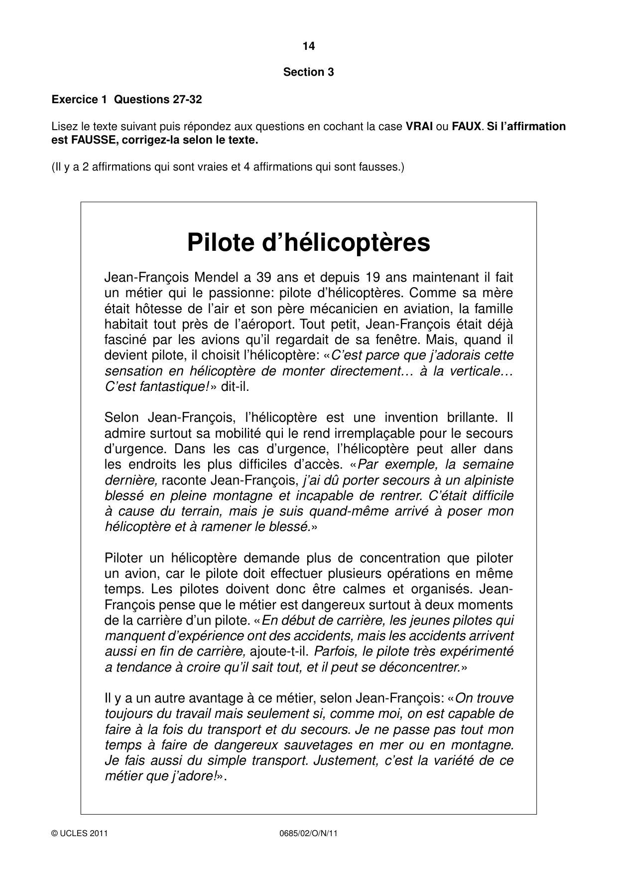 Cambridge IGCSE French - Foreign Language (UK) 0685 2011 Oct/Nov Paper 2 · Variant 1 question paper, page 14 of 20