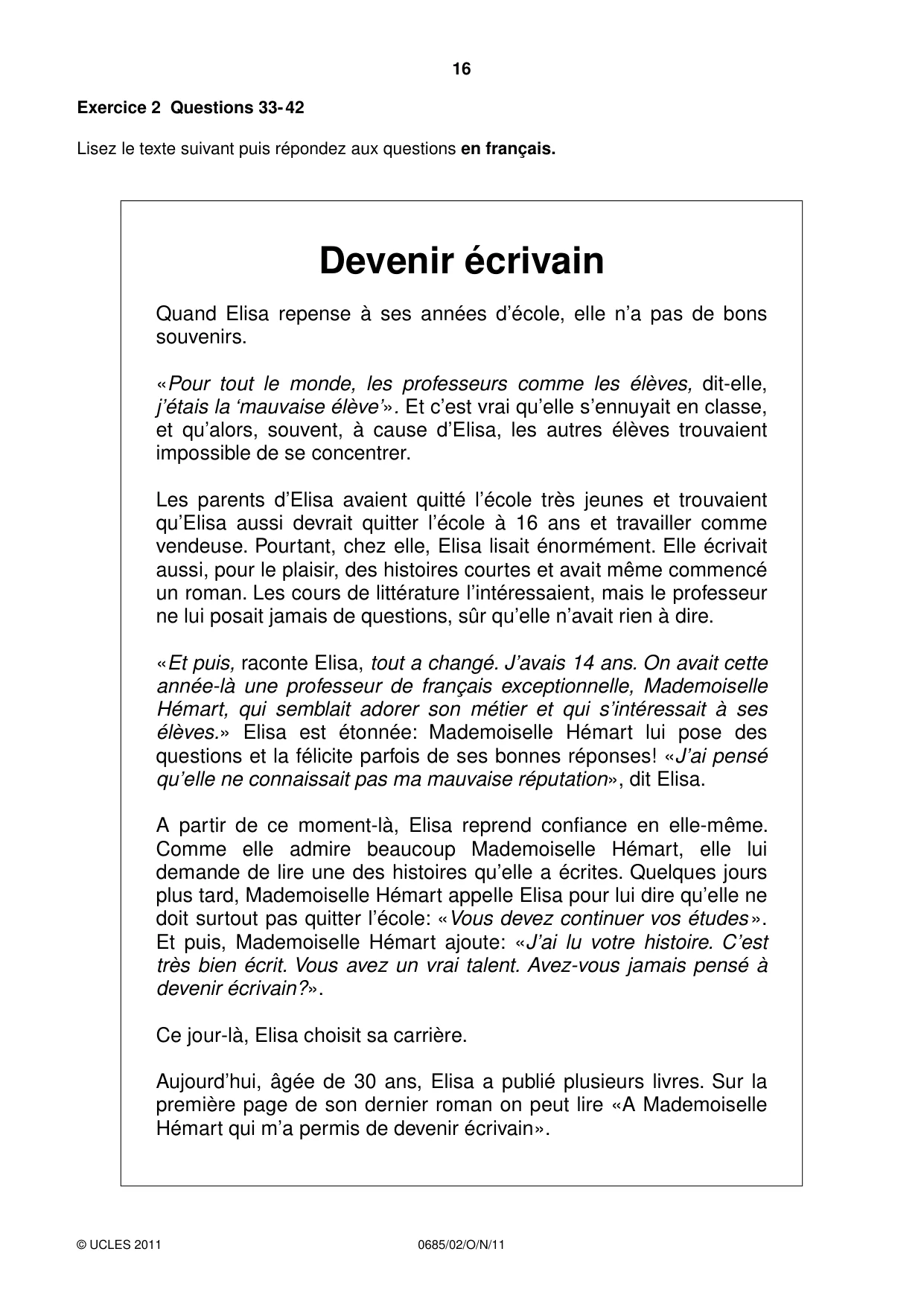 Cambridge IGCSE French - Foreign Language (UK) 0685 2011 Oct/Nov Paper 2 · Variant 1 question paper, page 16 of 20
